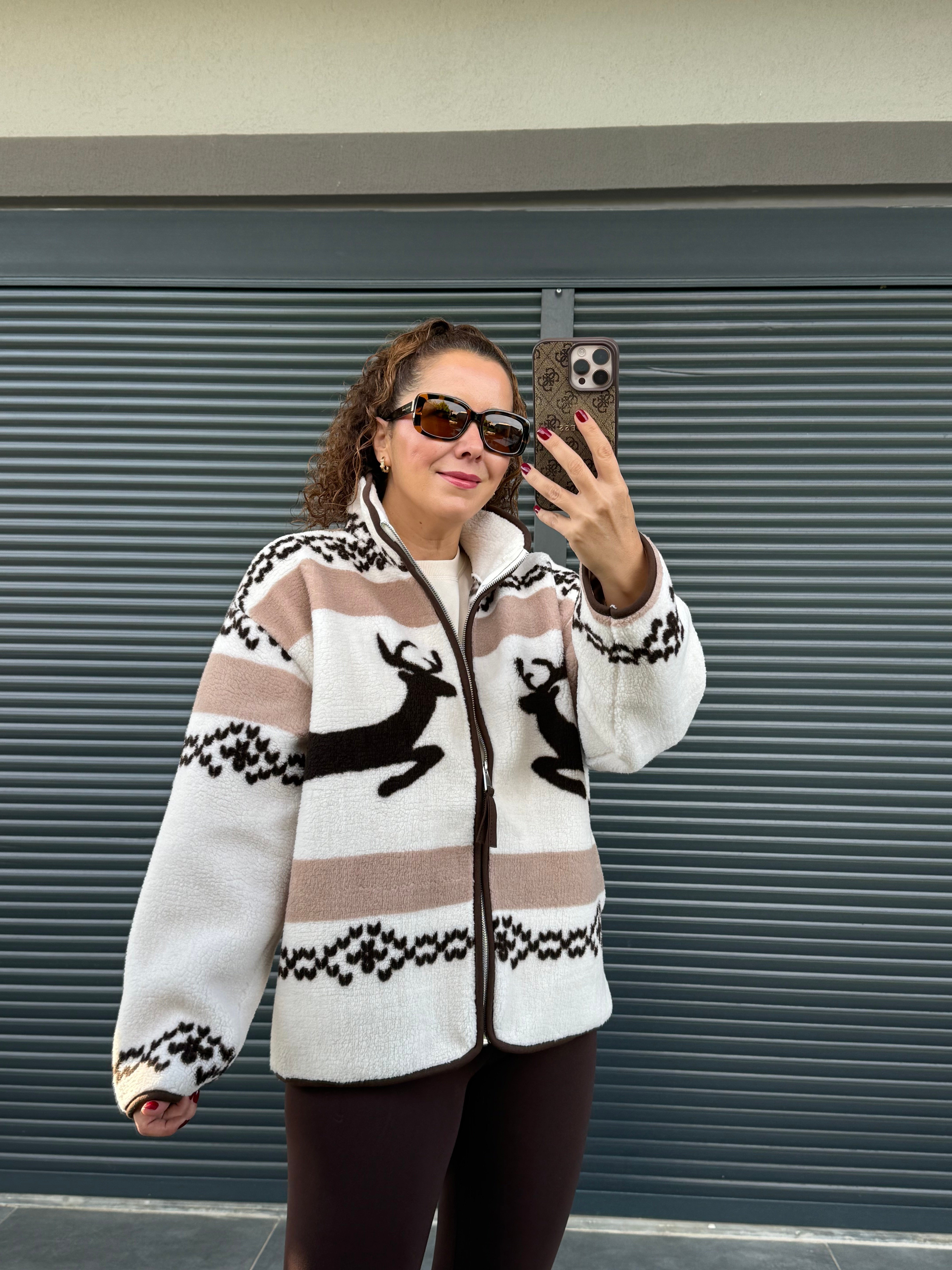 Geyik Temalı Fermuarlı Polar Sweat 