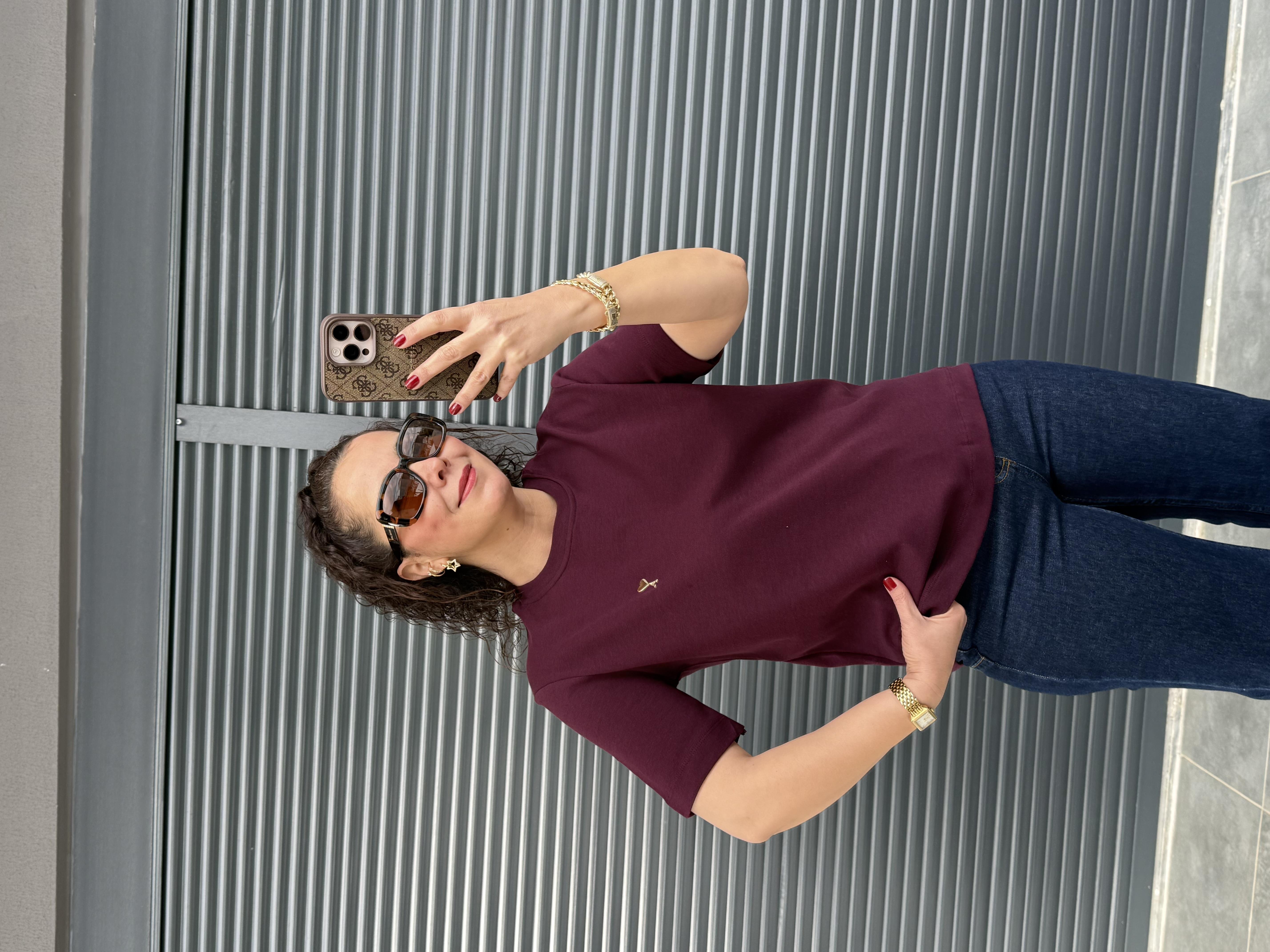 Gold Kalp Armalı Basıc T-shirt Mürdüm