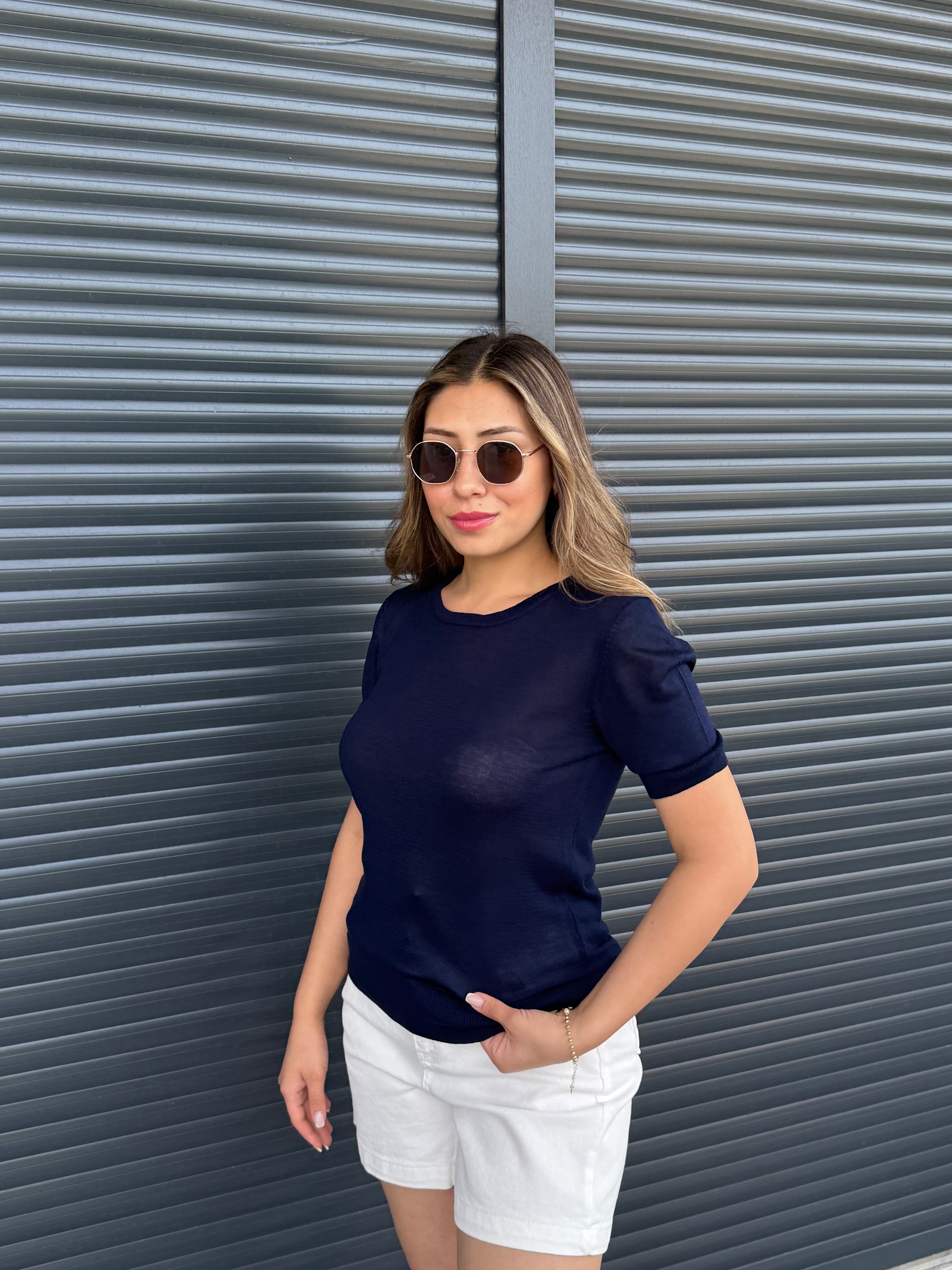 İnce Triko  Kısa Kollu Bluz Lacivert
