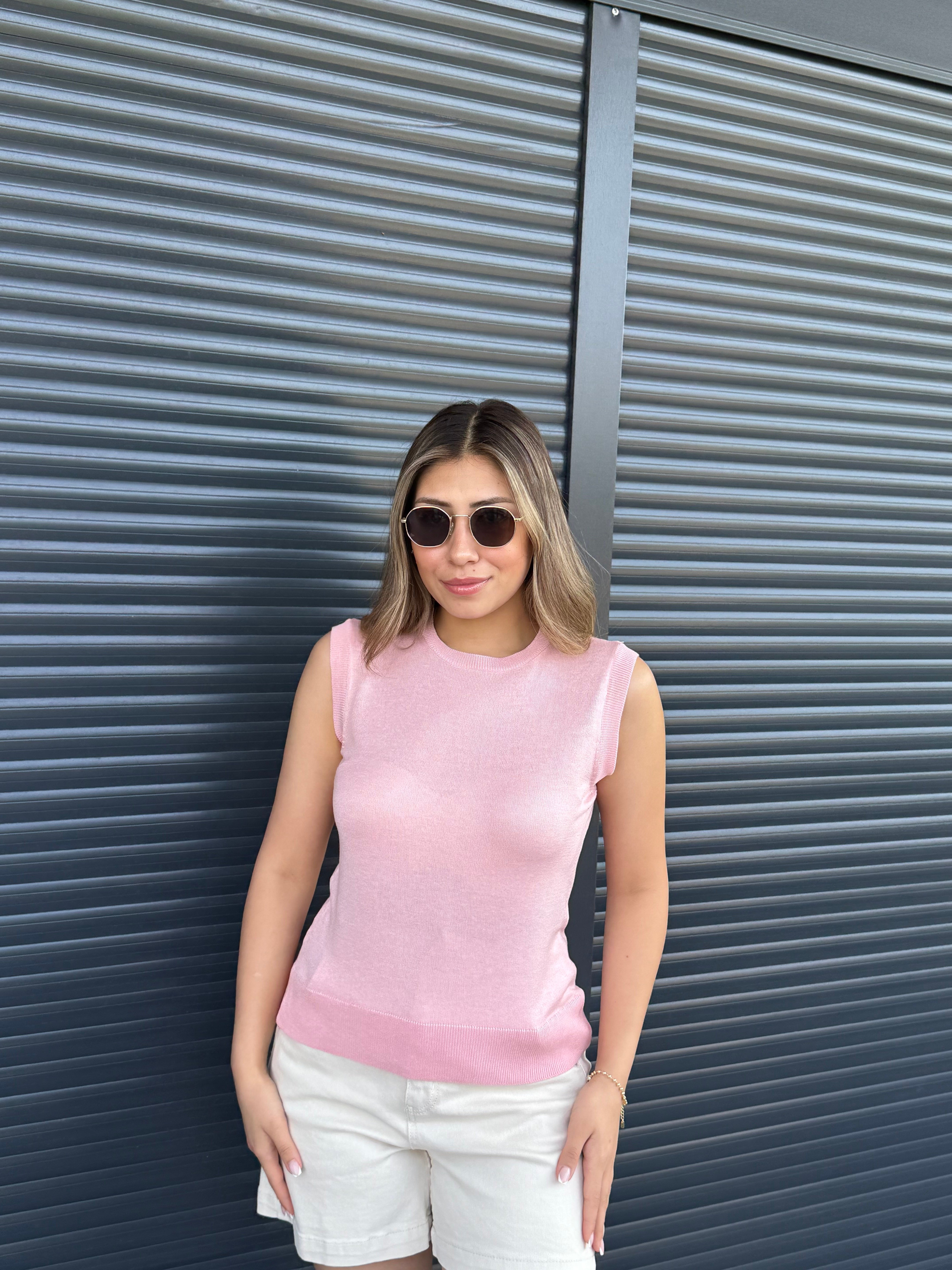 İnce Triko Kolsuz Bluz Pembe