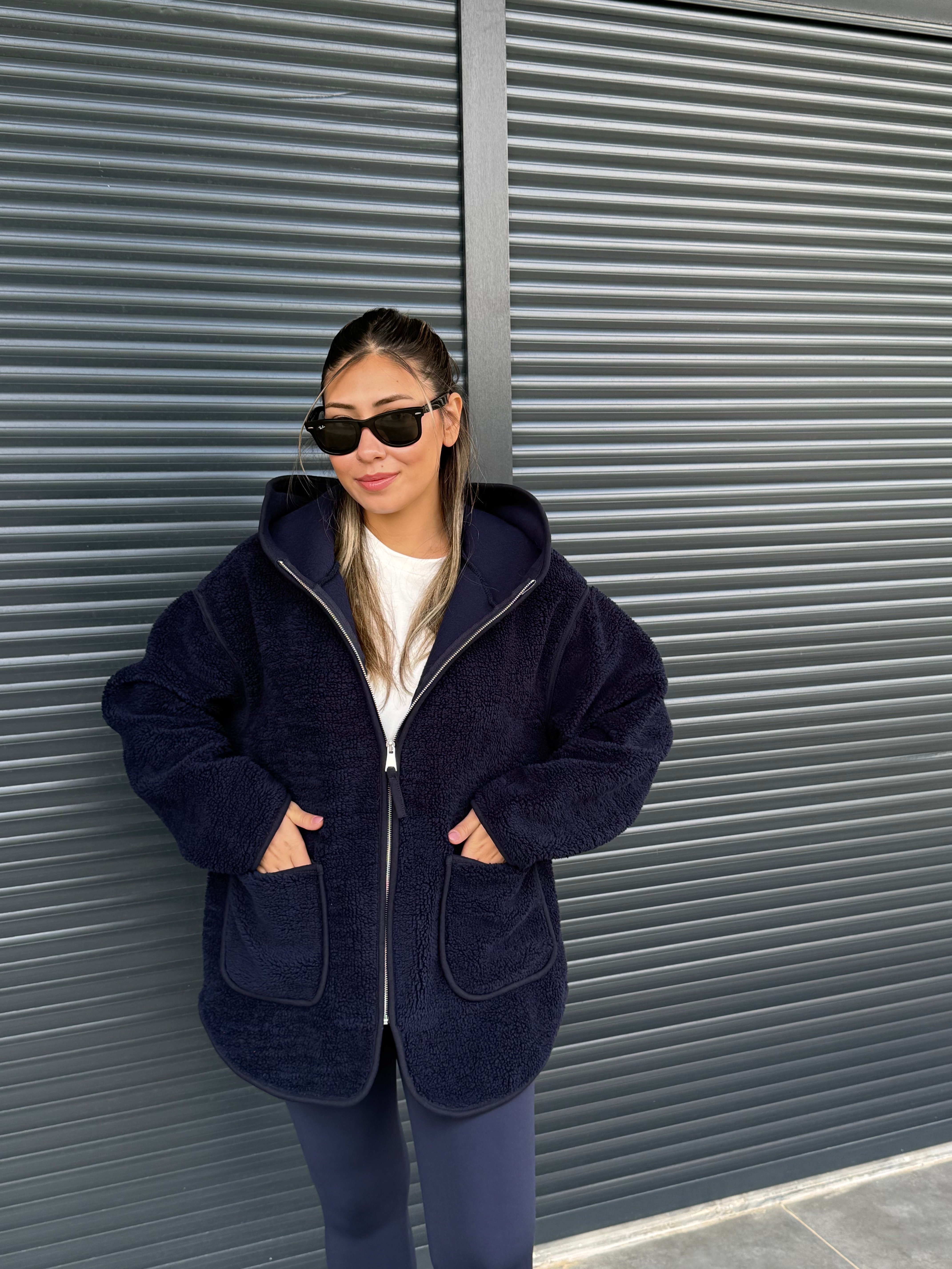Kanguru Cepli Fermuarlı Polar Sweat Lacivert
