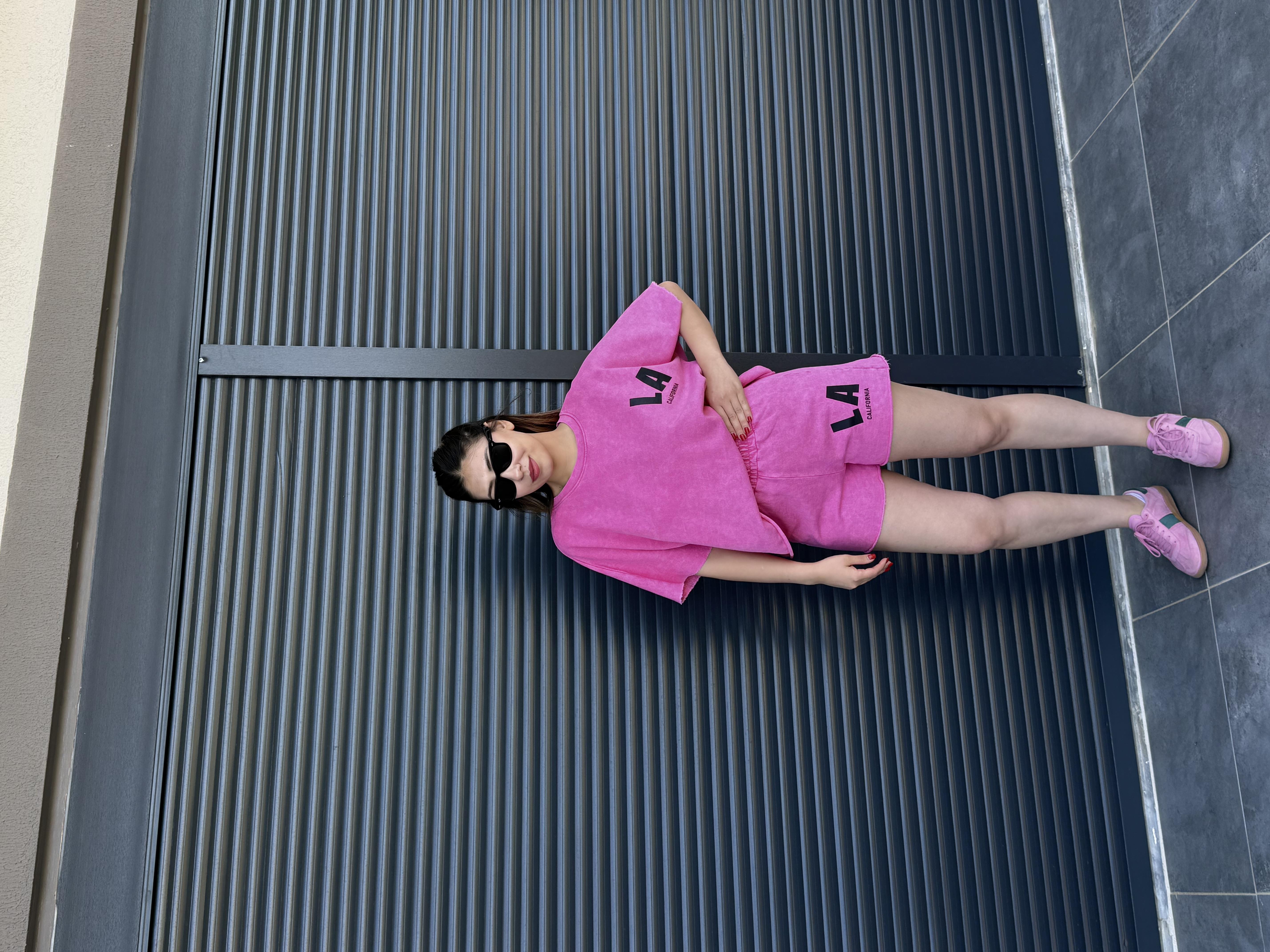 La Yazılı Taş Yıkamalı Oversize Takım Pembe