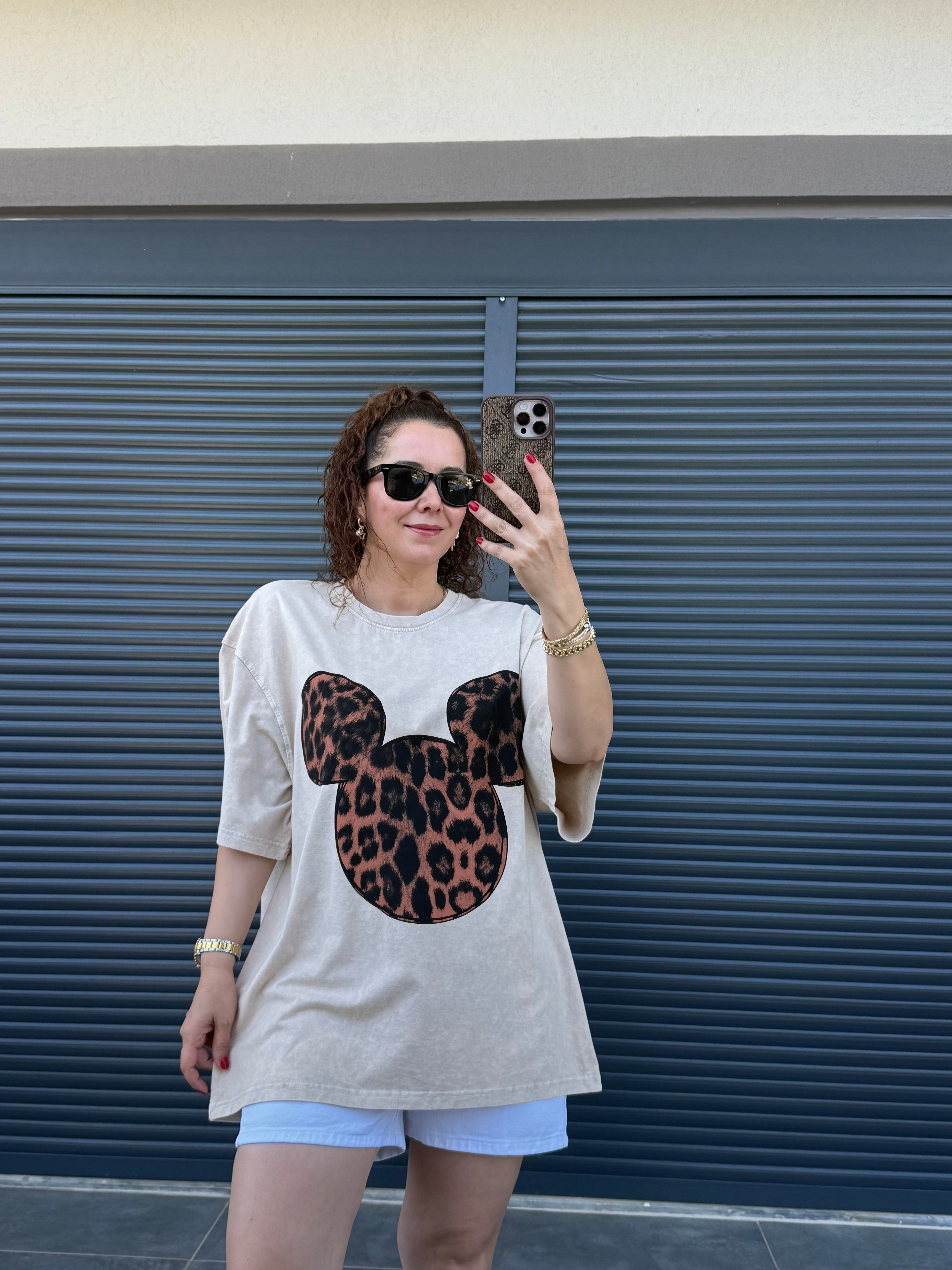 Mickey Leopar Eskitme Oversize T-shirt Bej