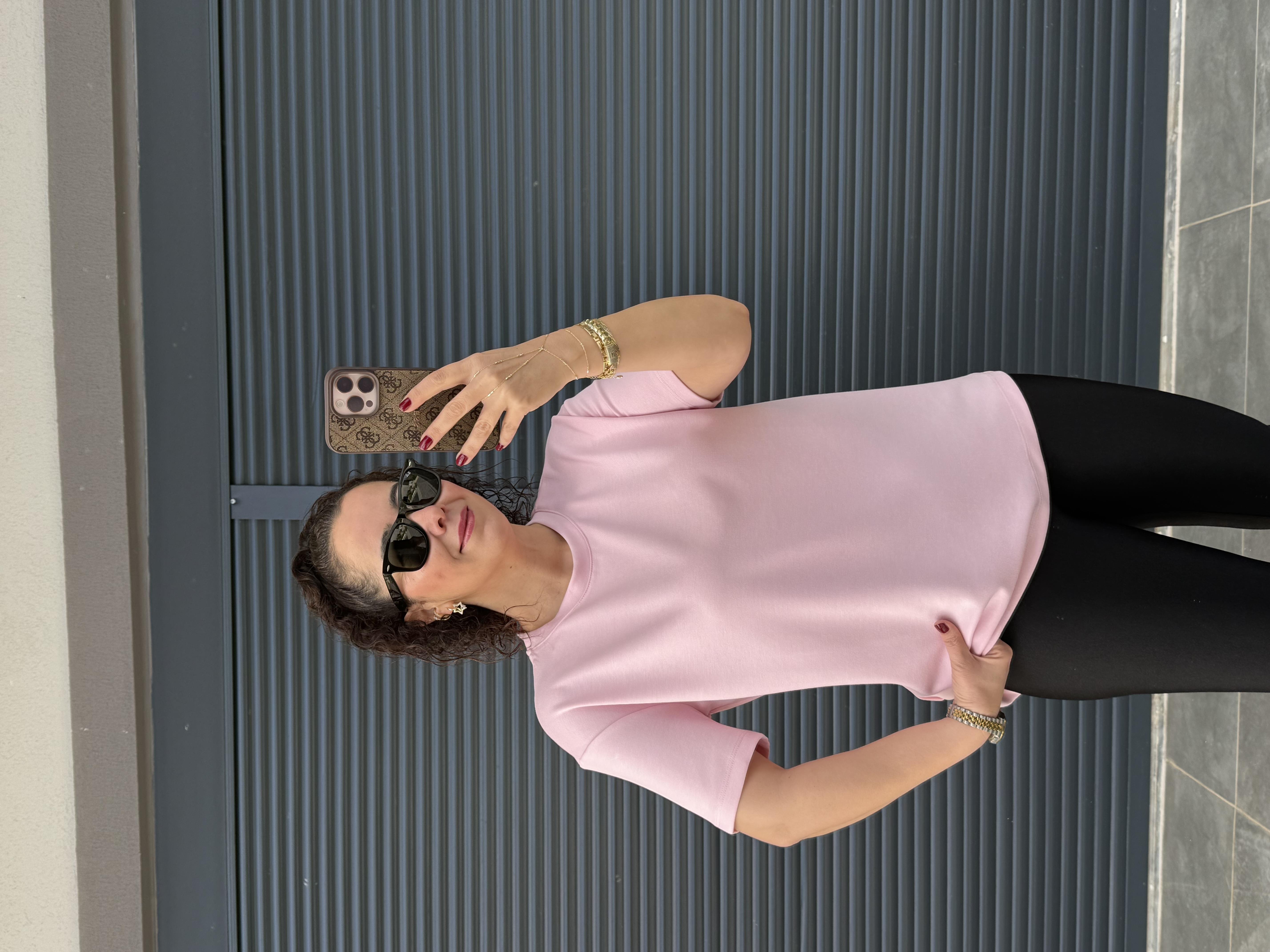 Modal Kumaş Bisiklet Yaka Basic T-Shirt Pembe