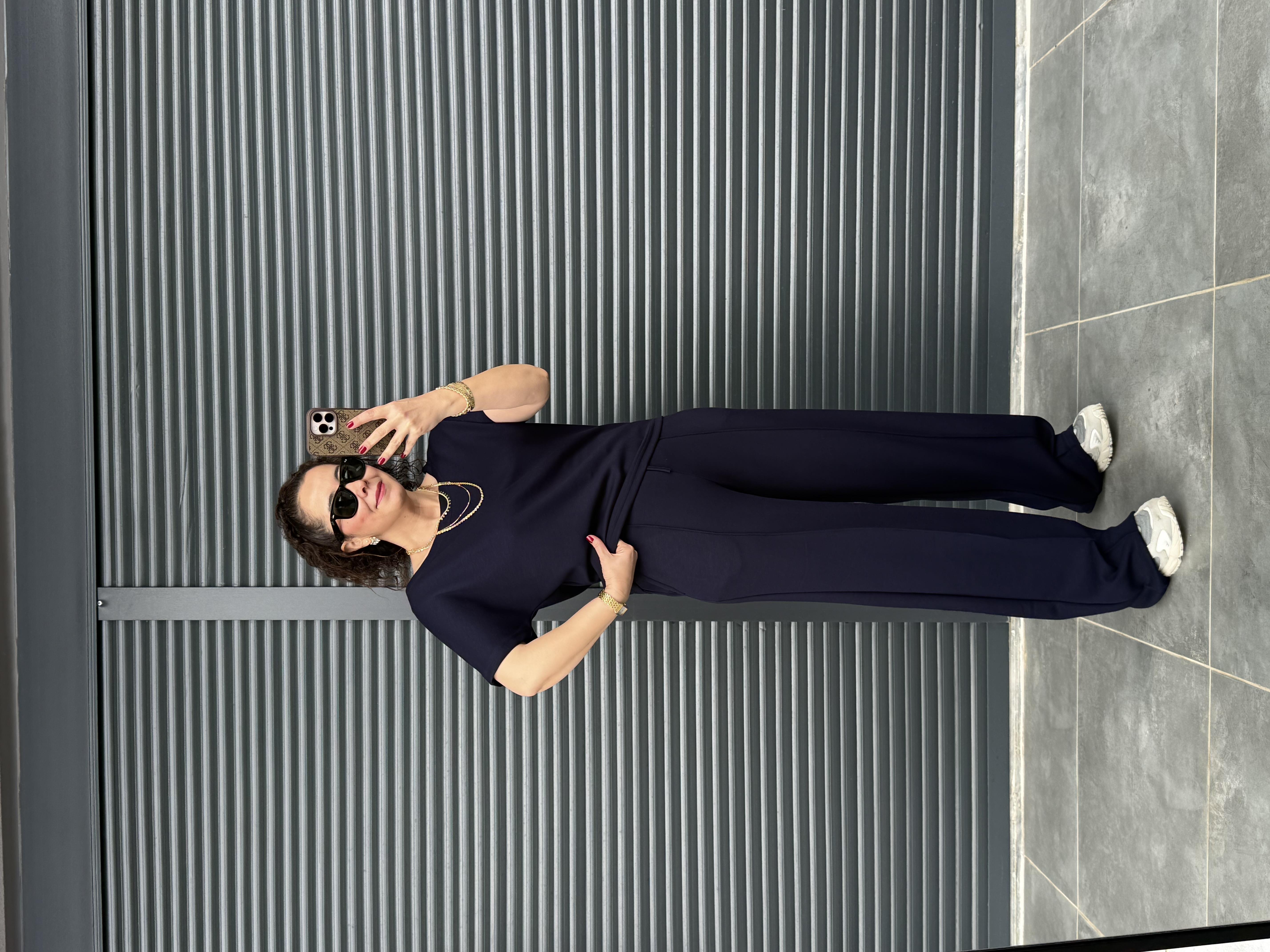 Modal Kumaş Kayık Yaka T-Shirt Pantolon Takım Lacivert