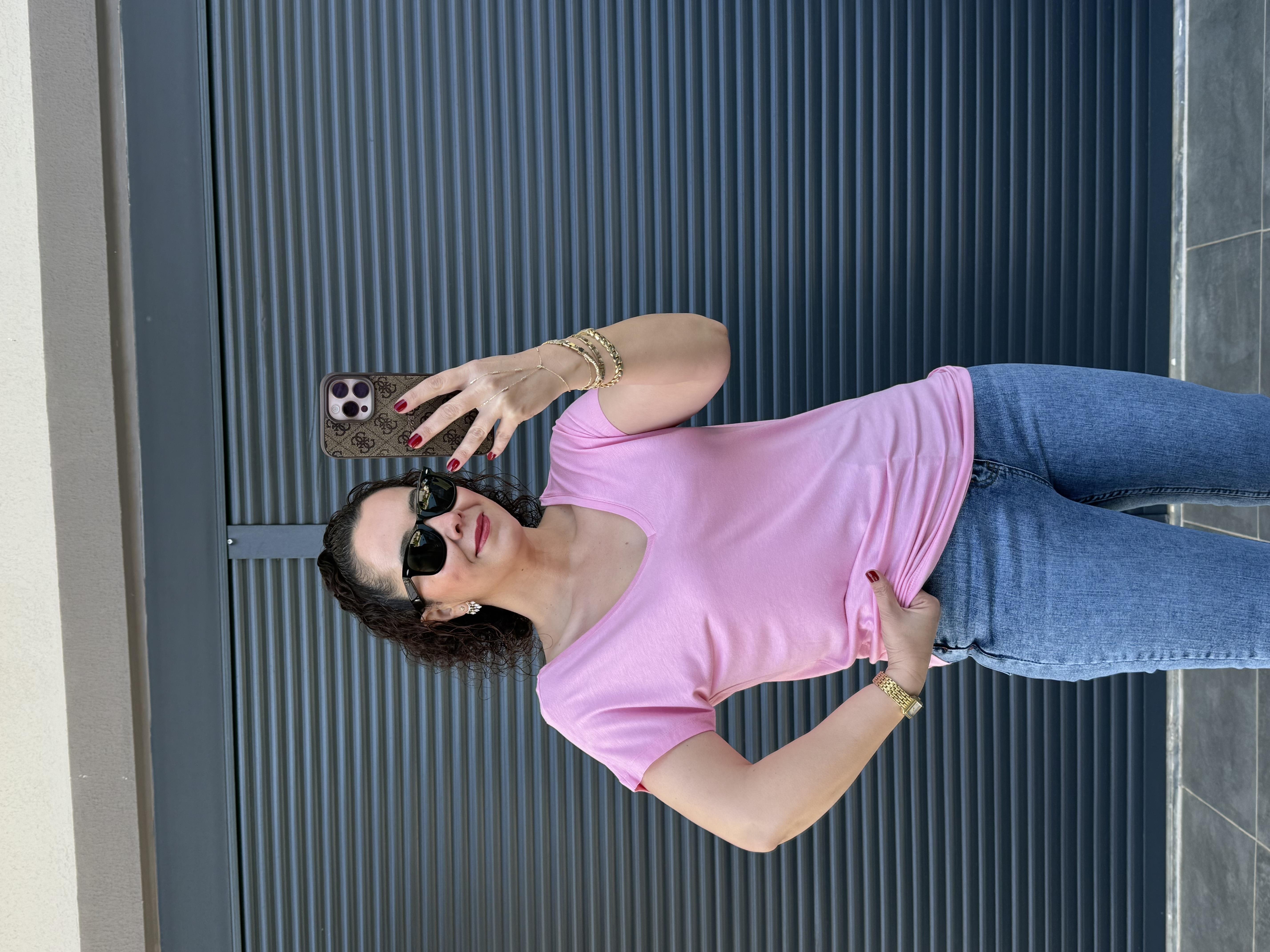 Modal Kumaş Ön Arka V Yaka T-Shirt Pembe