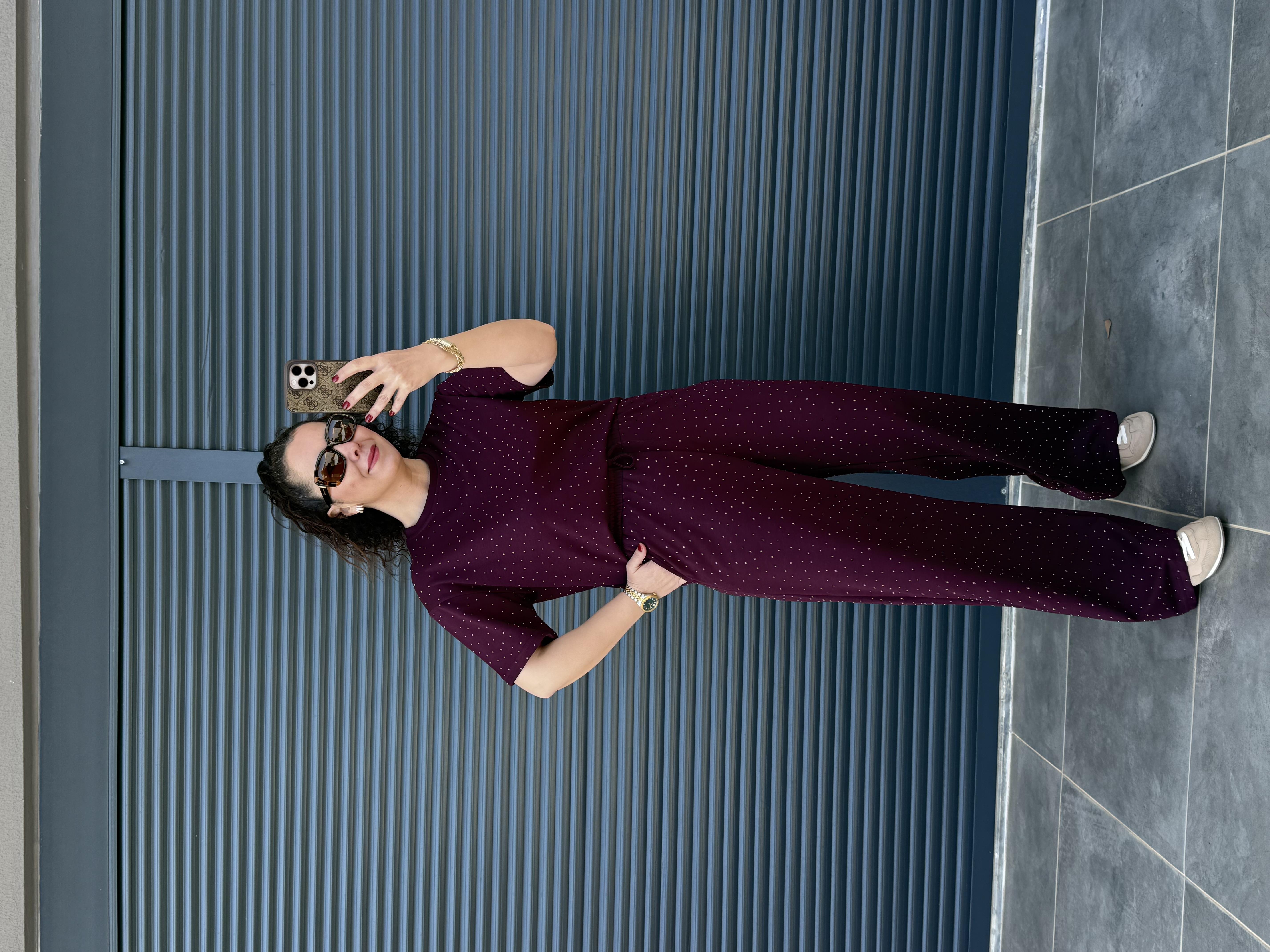 Modal Kumaş Taşlı T-Shirt Pantolon Takım Mürdüm