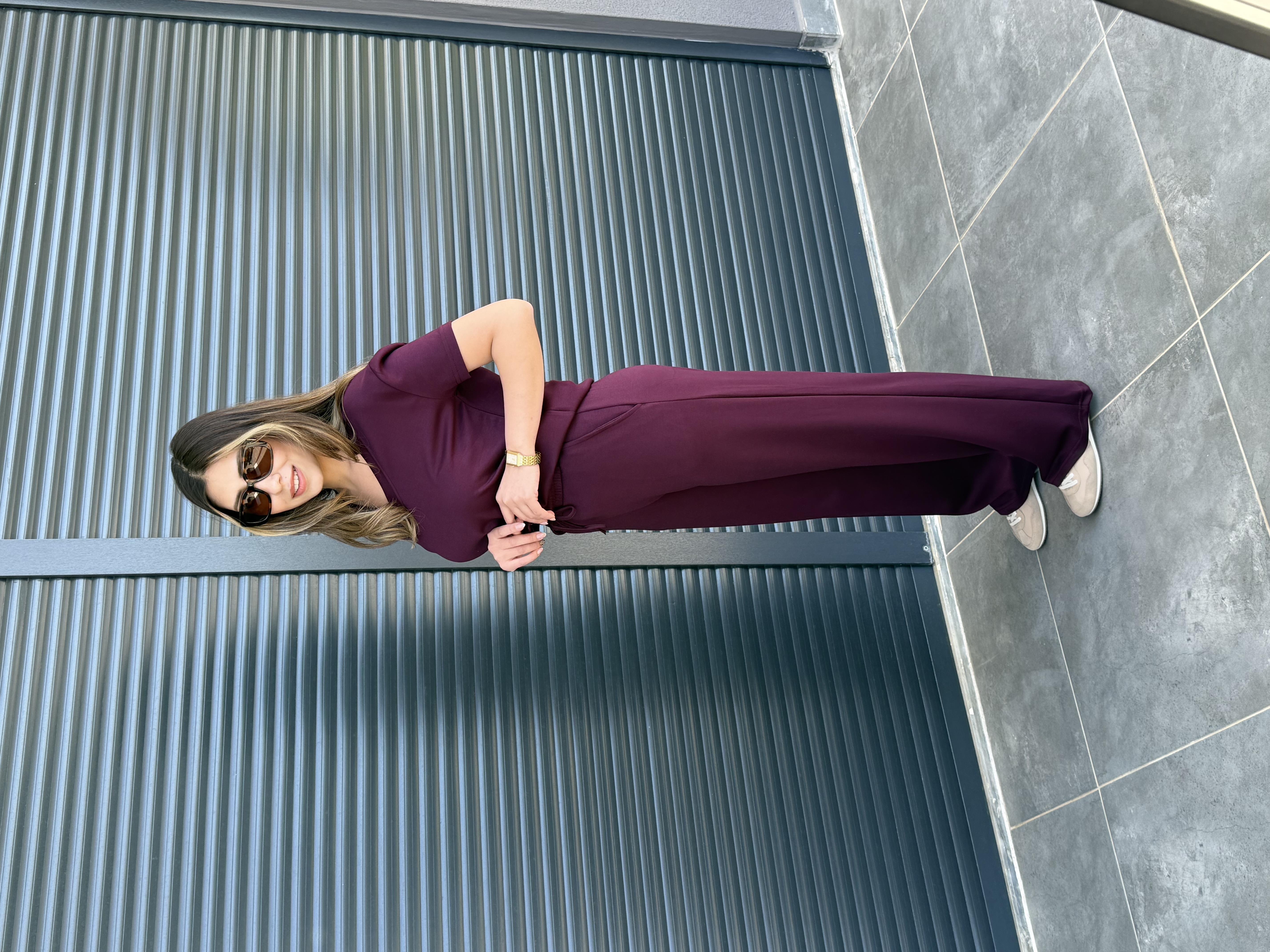 Modal Kumaş V Yaka T-Shirt Pantolon Takım Mürdüm