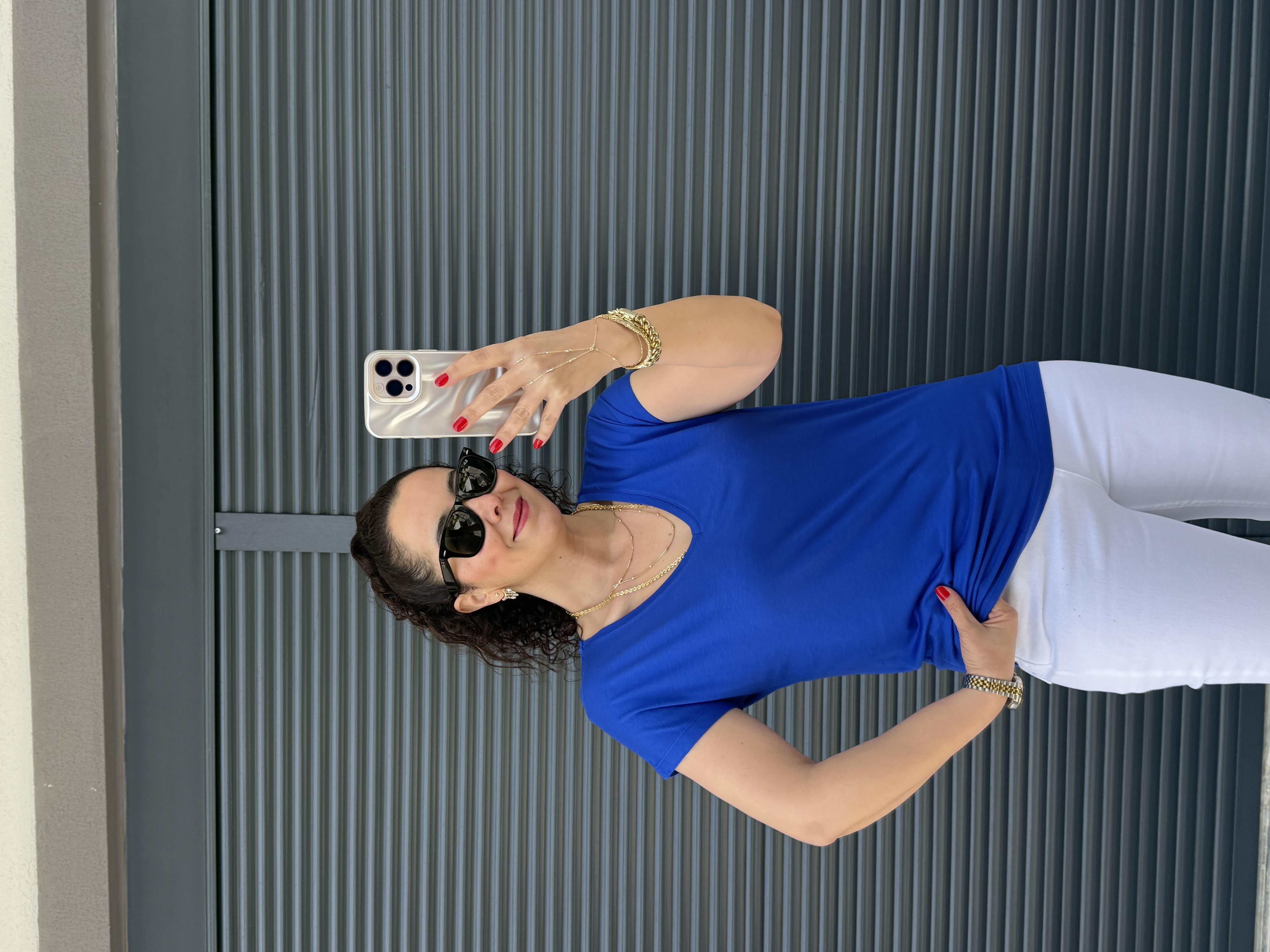Modal Kumaş  V Yaka T-Shirt Saks Mavi
