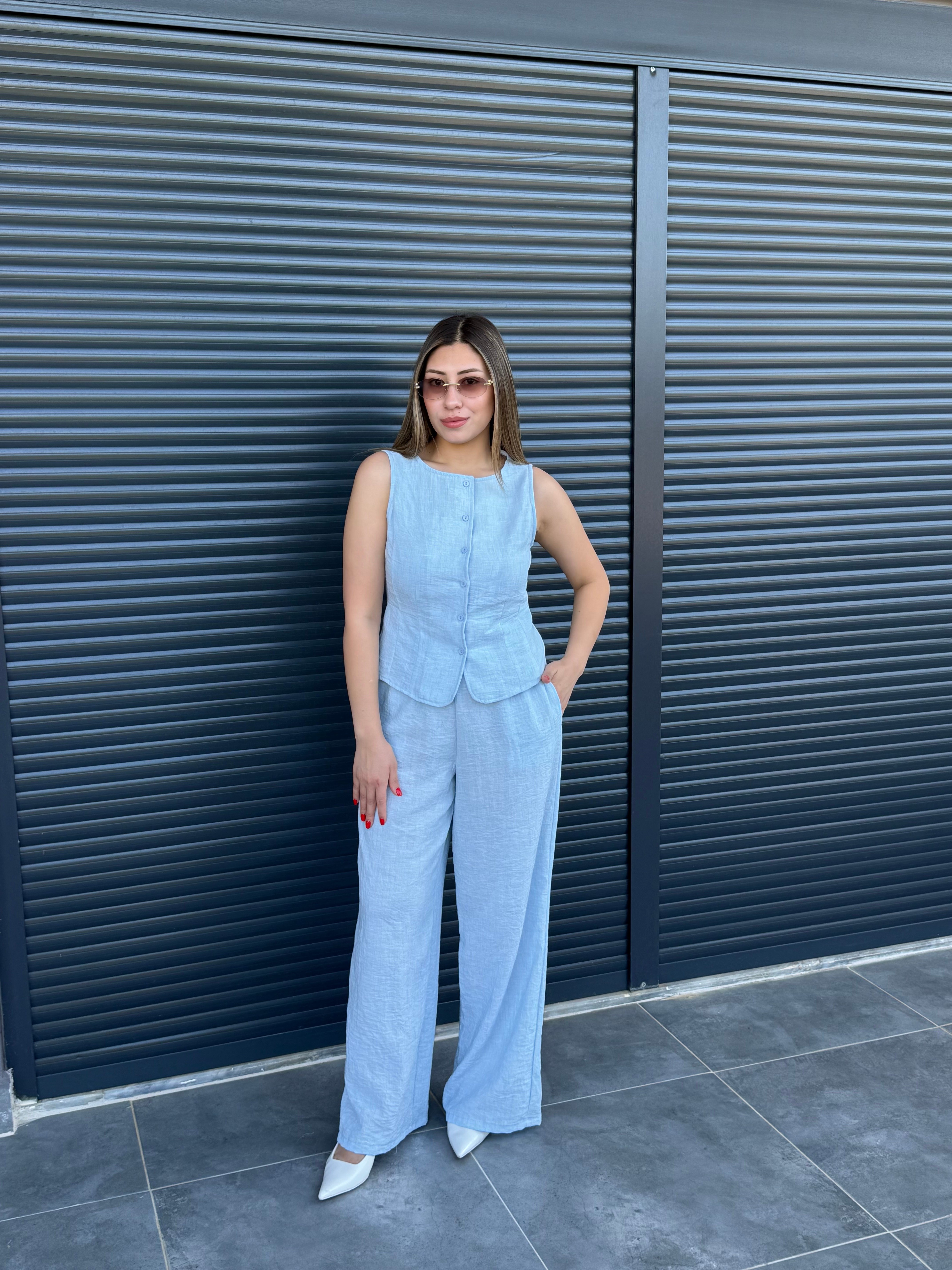 Önü Düğmeli Yelek Pantolon Takım Mavi