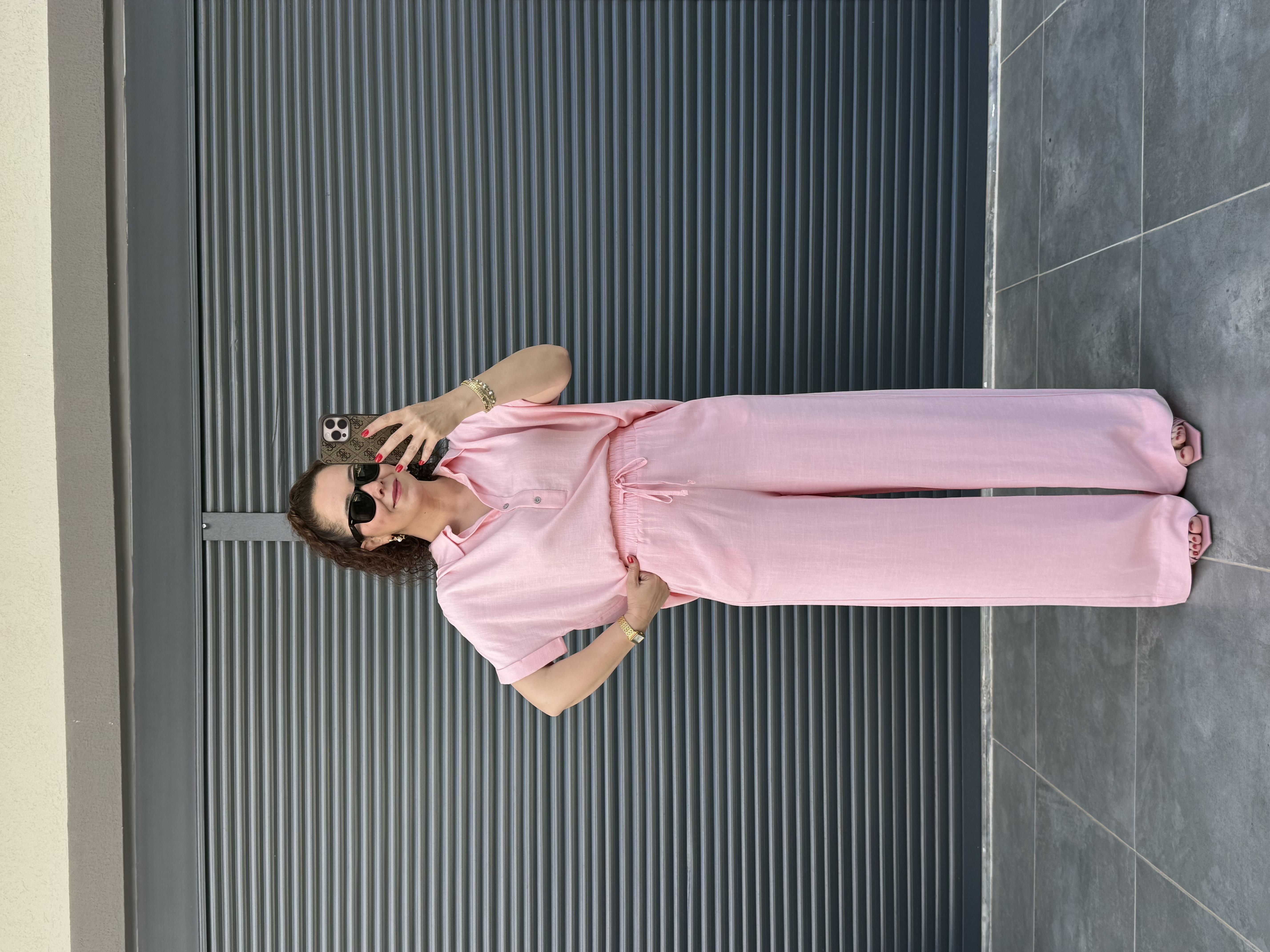 Premium Keten Bluz Pantolon Takım Pembe