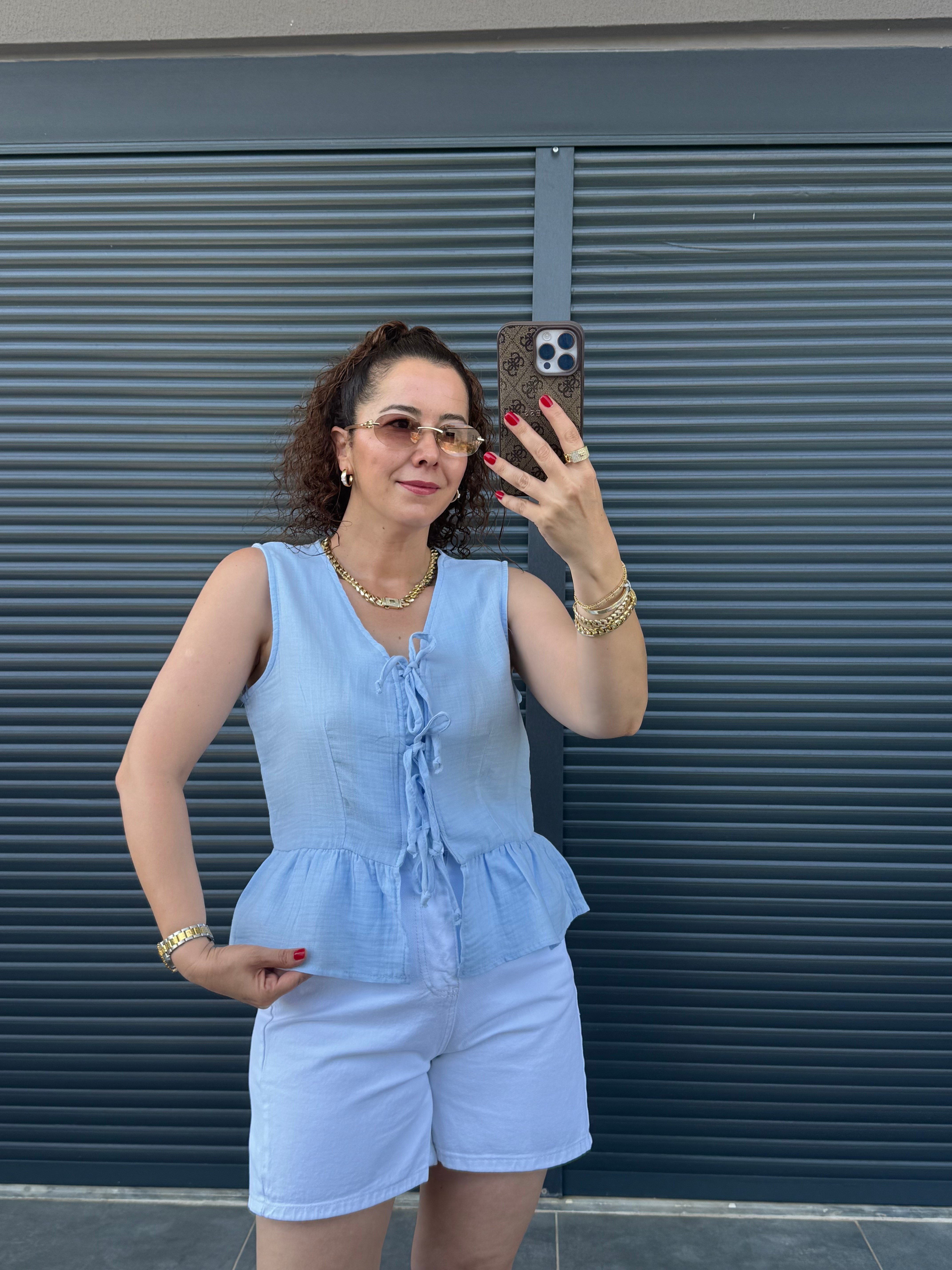 Premium Müslin Önü Fiyonklu Bluz Mavi