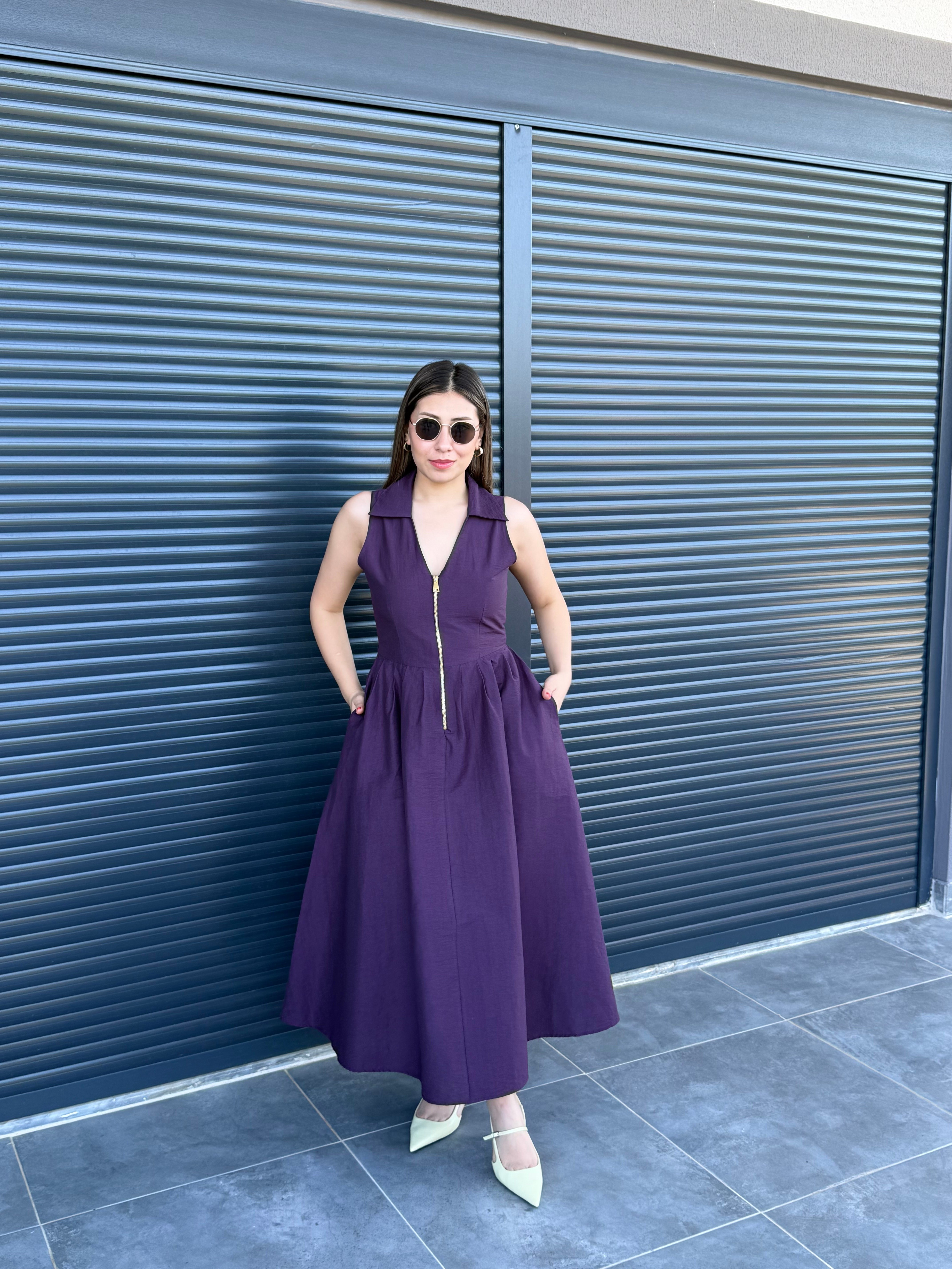 Premium Önü Fermuarlı Tensel Elbise Mürdüm