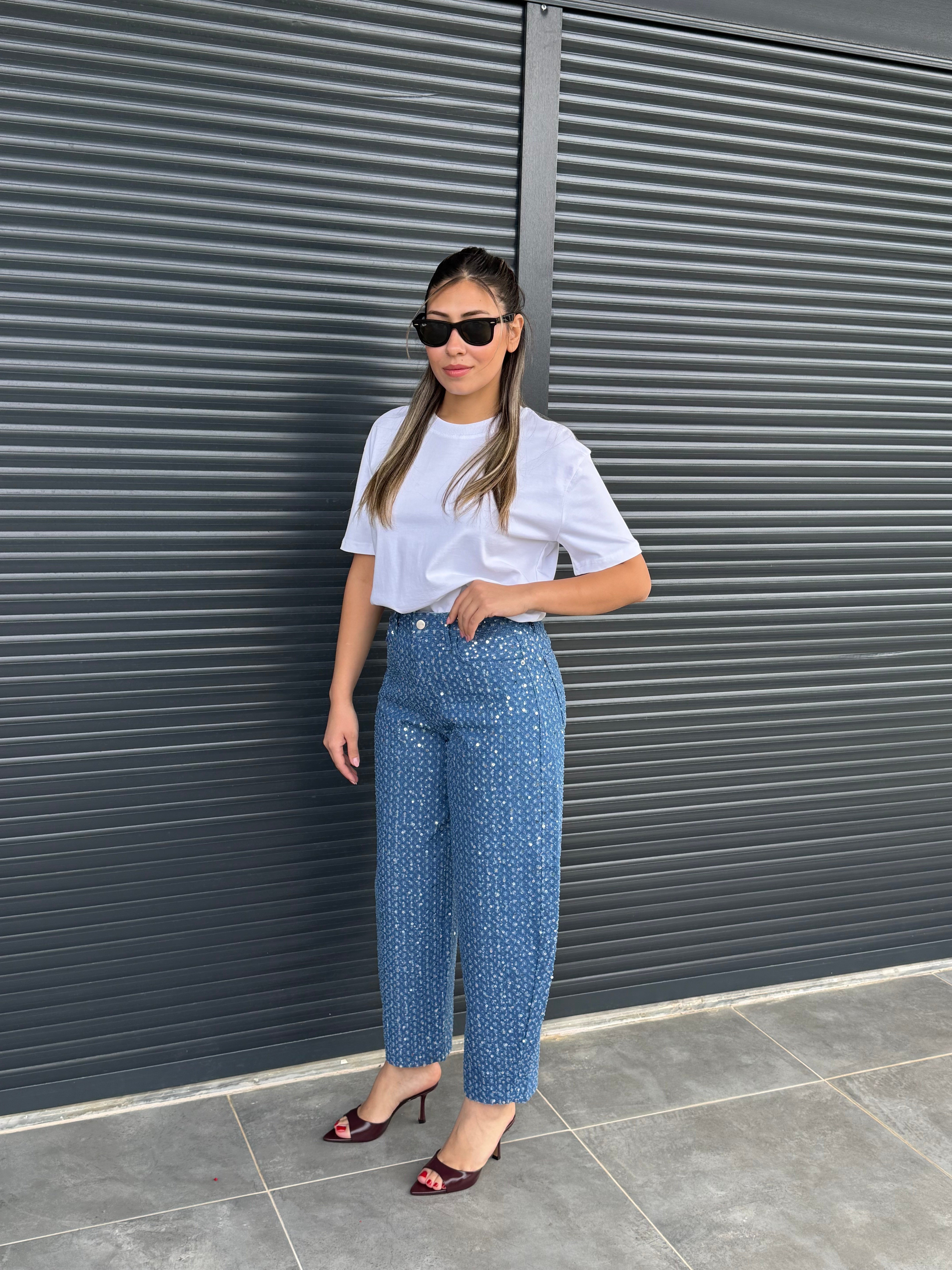 Premium Pullu Balon Jean Koyu Mavi