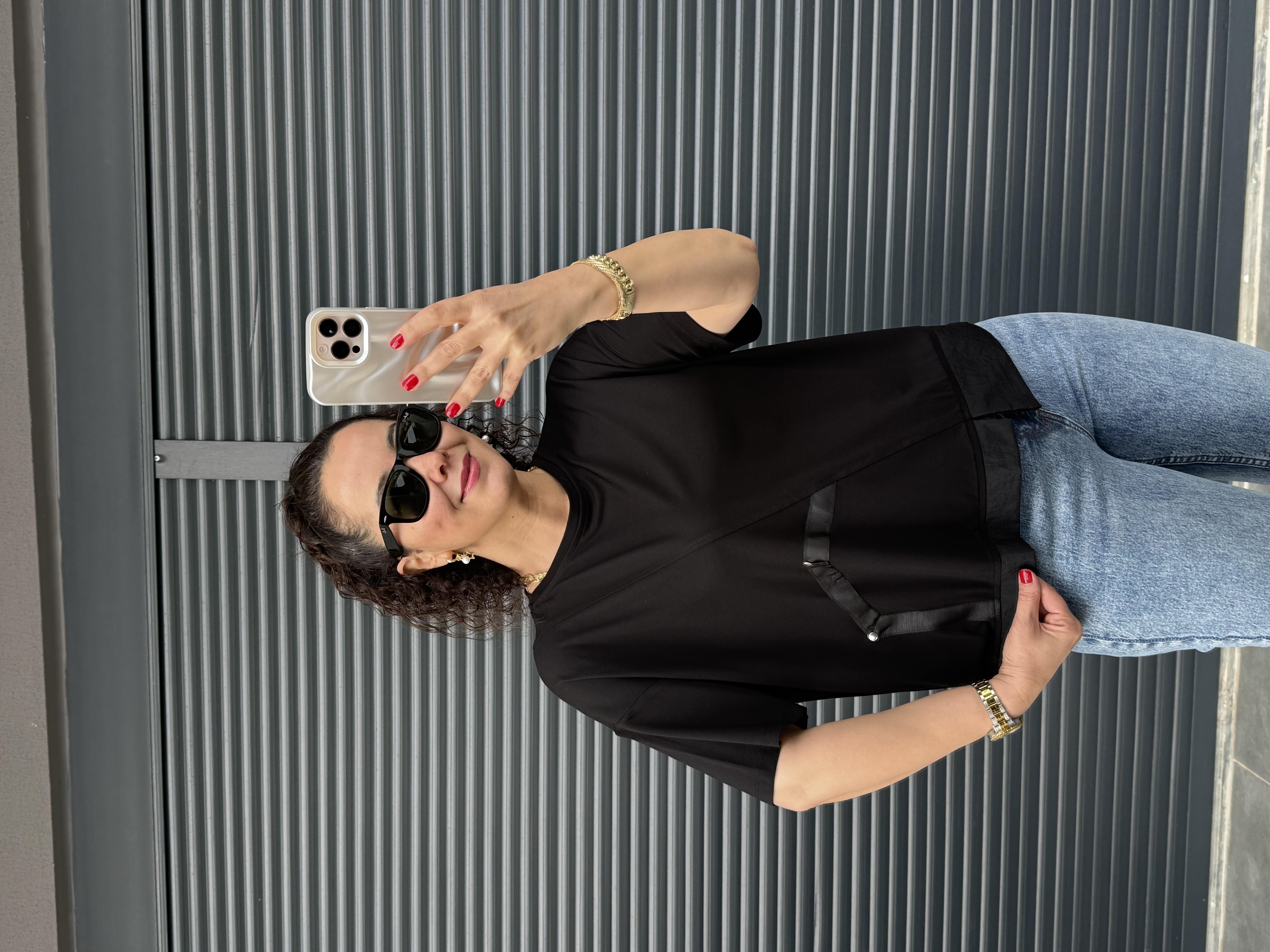 Şerit Zımba Detaylı Tasarım T-shirt Siyah