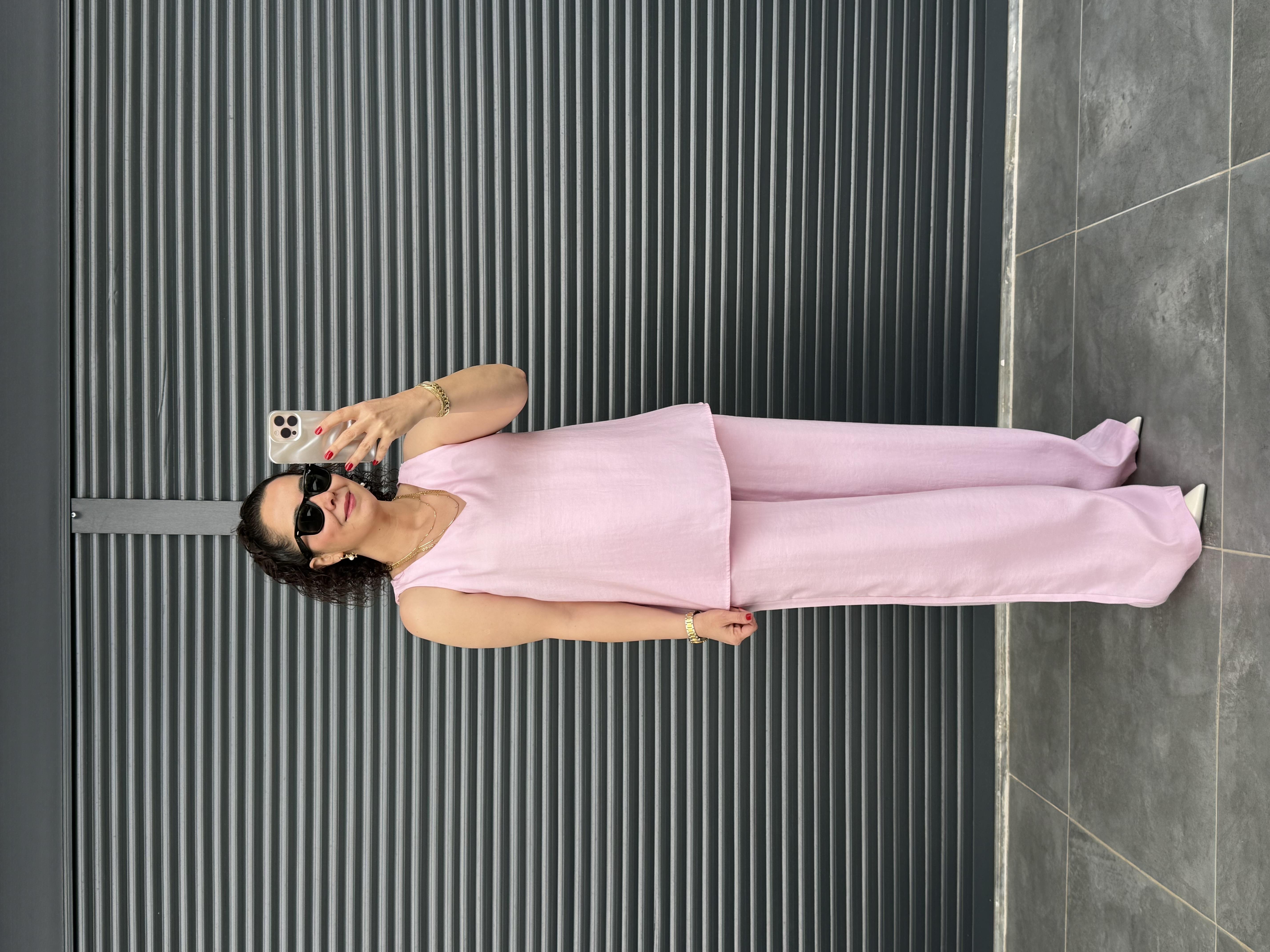 Tensel Kumaş V Yaka Bluz Palazzo Pantolon  Pembe