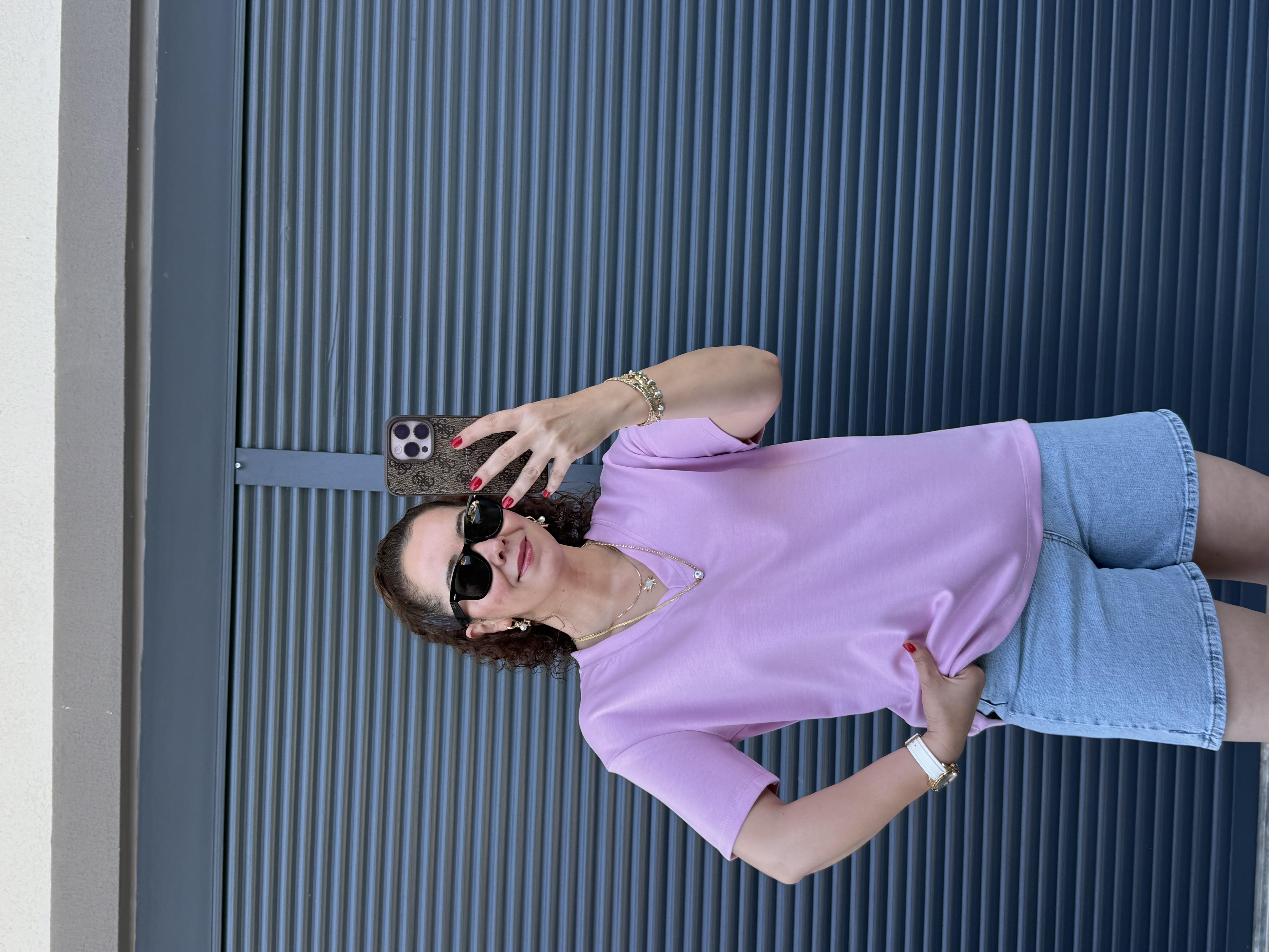 V Yaka Modal Kumaş T-shirt  Pembe