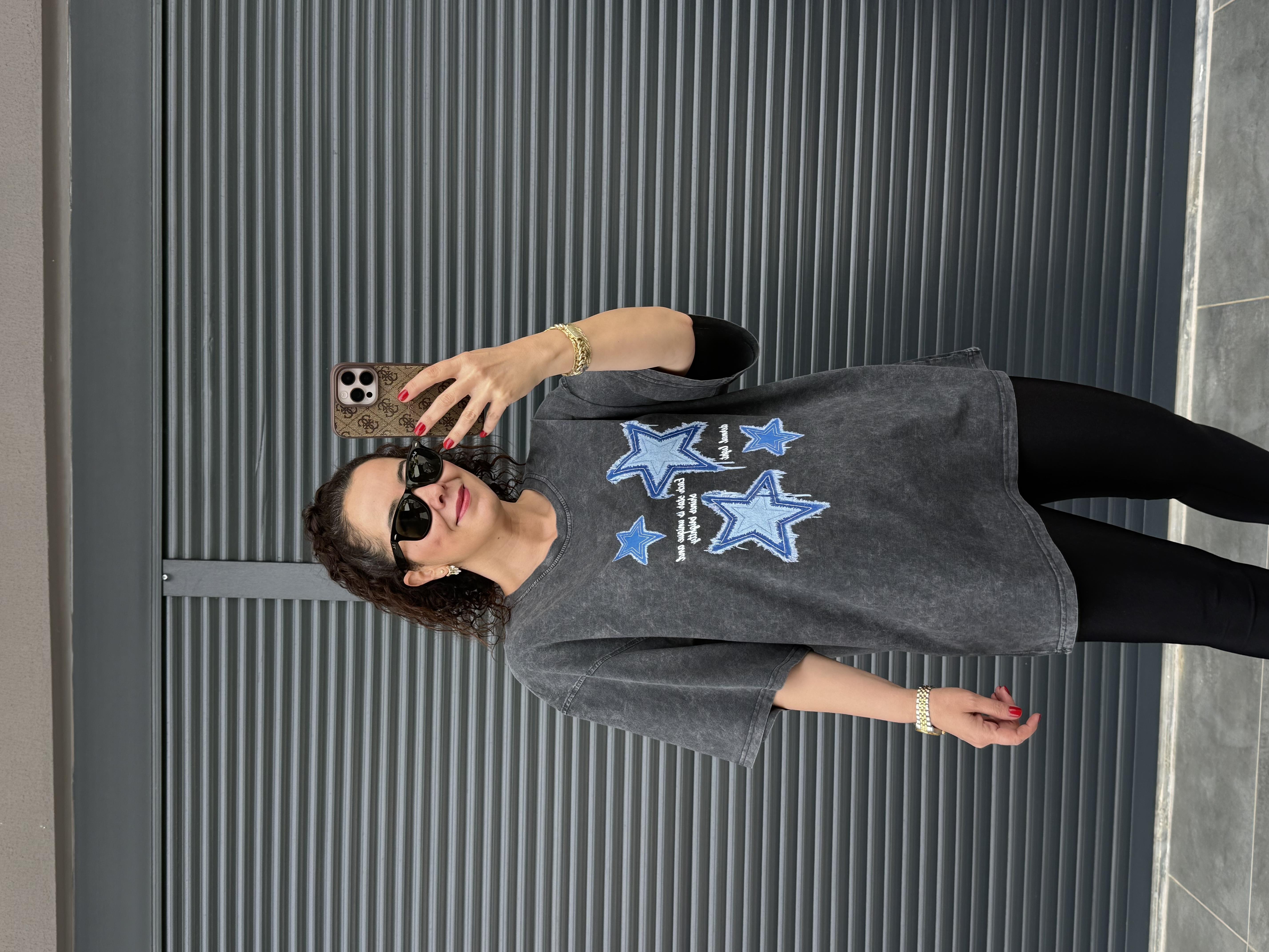Yıldız Eskitme Oversize T-shirt
