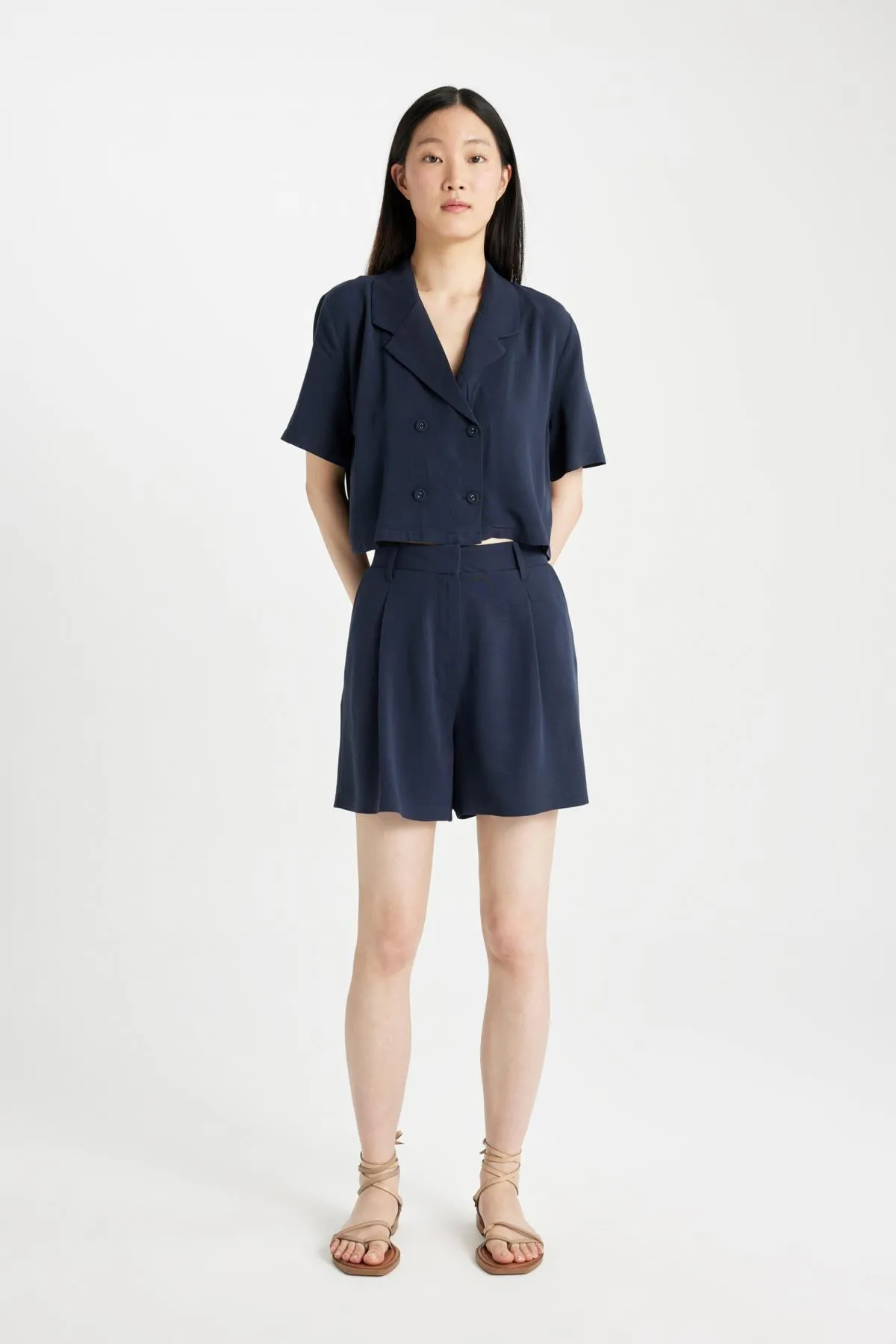 Defacto Kadın Short Sleeve Shirt C8574Ax NAVY24YC8574AXBG-386DEFACTO