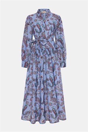 Paisley %100 Keten Mavi Elbise