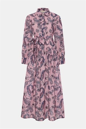 Paisley %100 Keten Pembe Elbise