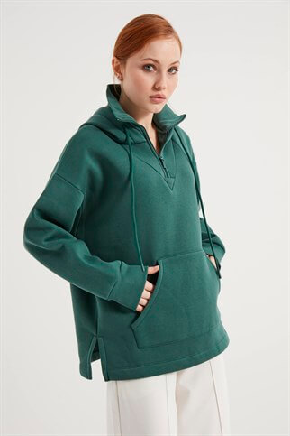 Yeşil Kapüşonlu Fermuarlı Sweatshirt