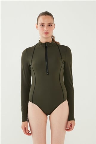 Oversized Swimsuit with Stitched Sleeves Khaki