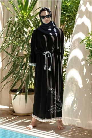 Püsküllü Havlu Kimayo Elbise Siyah