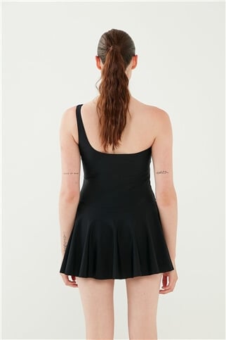 One-Shoulder Skirted Swimsuit Black