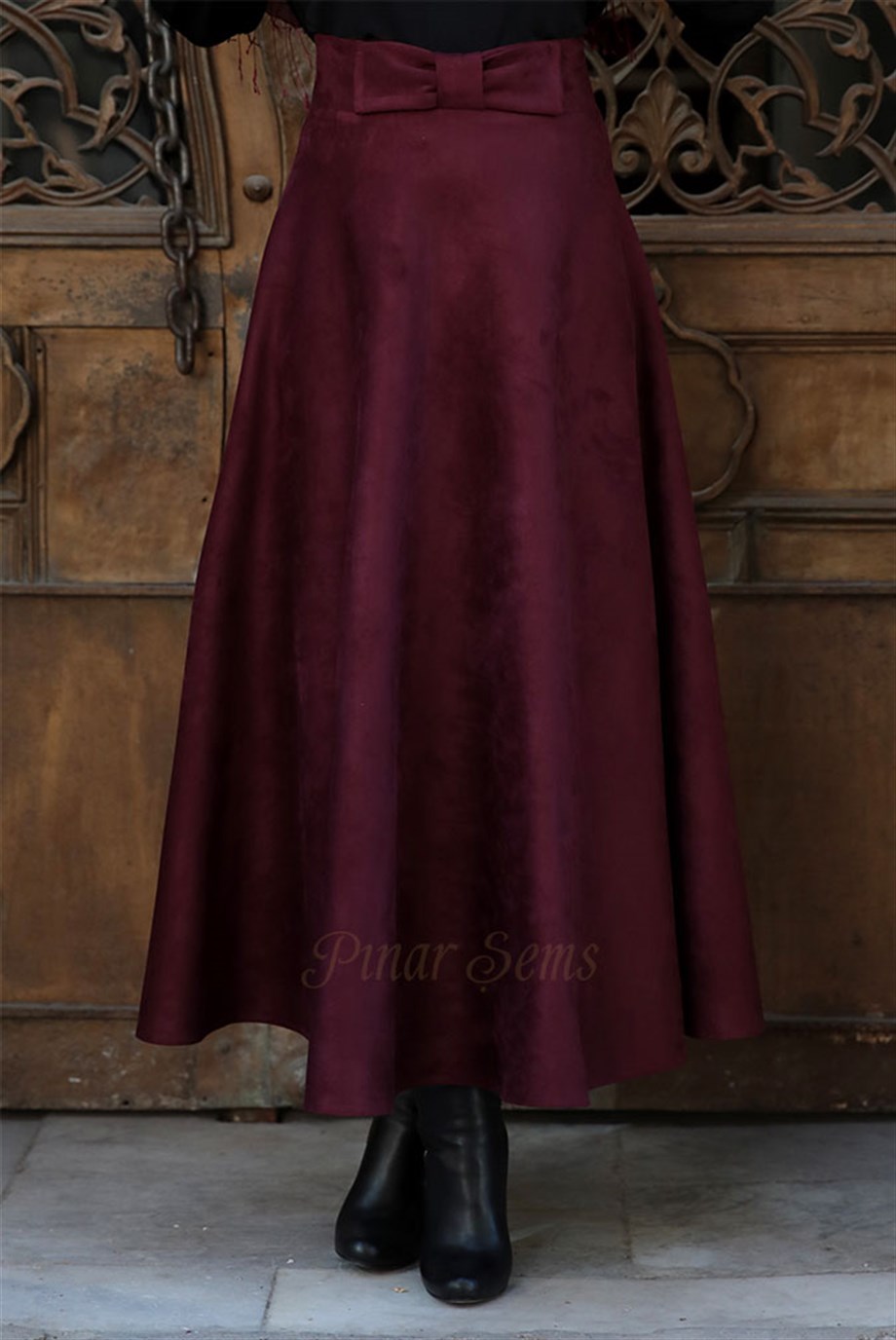 Pınar Şems Fiyonklu Süet Etek Bordo