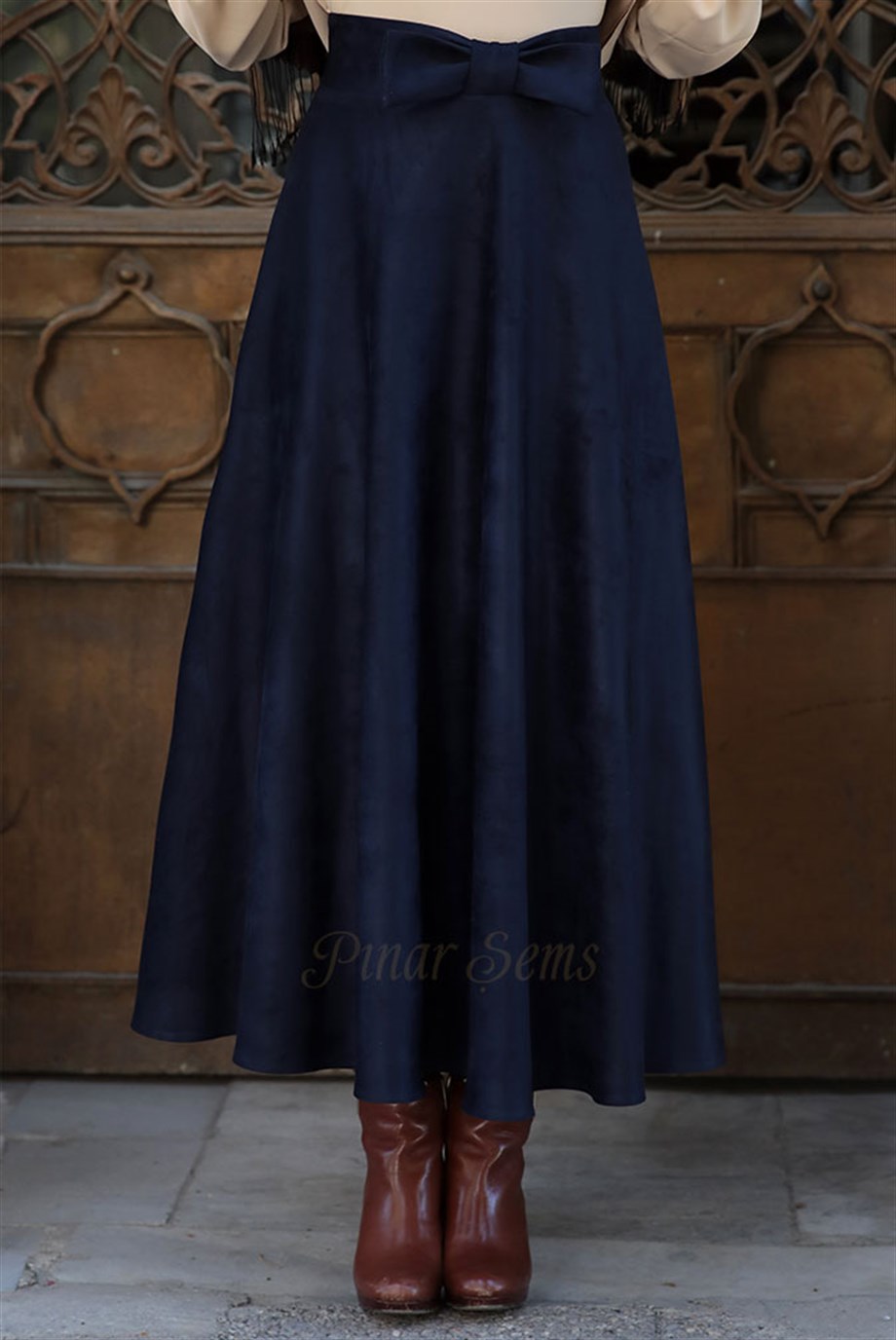 Pınar Şems Fiyonklu Süet Etek Lacivert