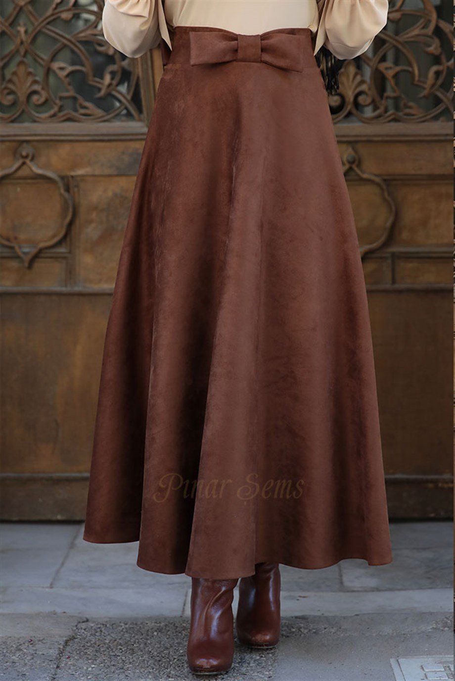 Pınar Şems Fiyonklu Süet Etek Taba