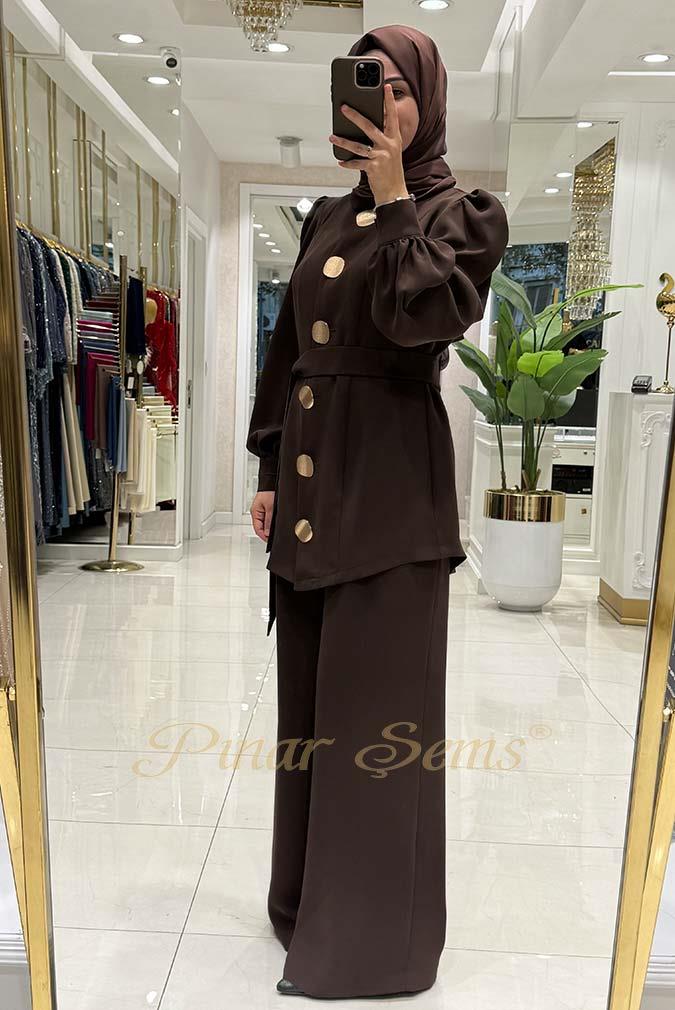 Pınar Şems Gold Düğmeli Takım Kahverengi