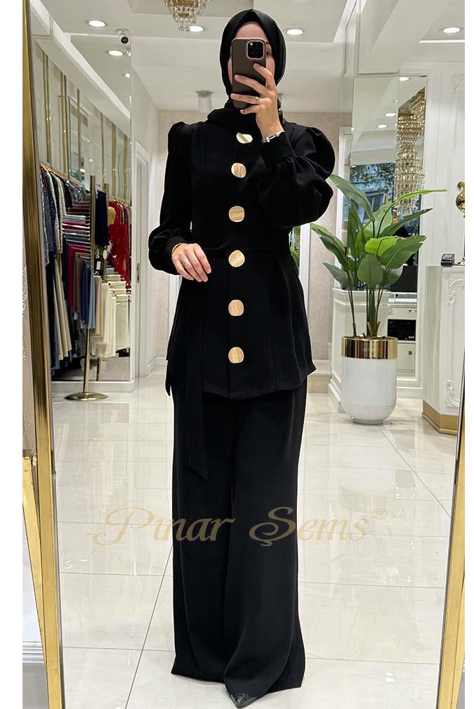 Pınar Şems Gold Düğmeli Takım Siyah