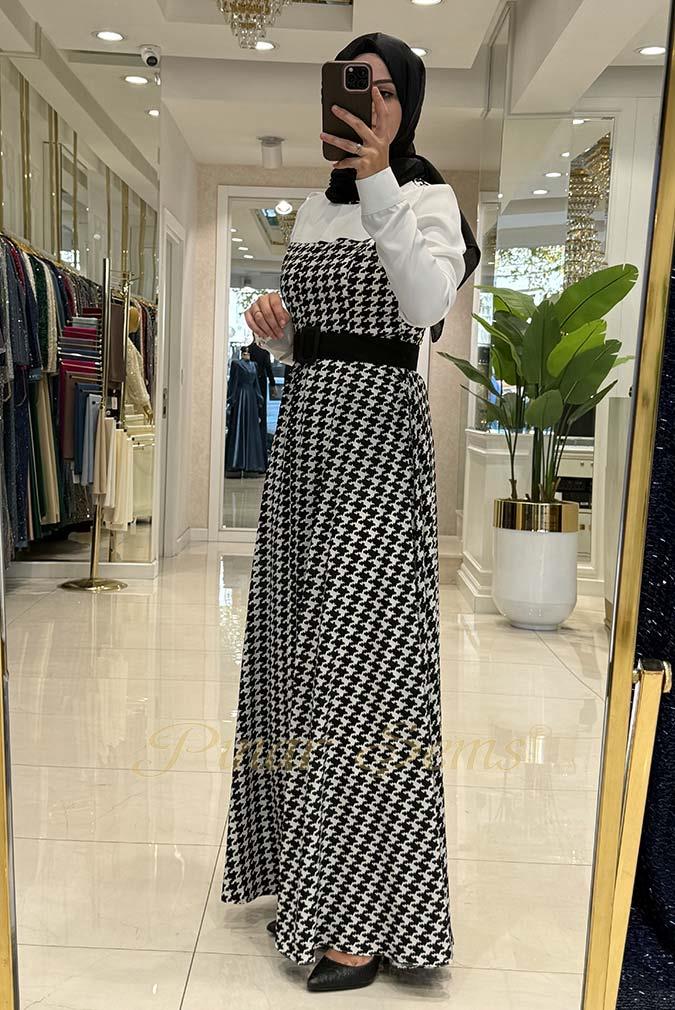 Pınar Şems Kazayağı Zirve Elbise SİYAH - BEYAZ