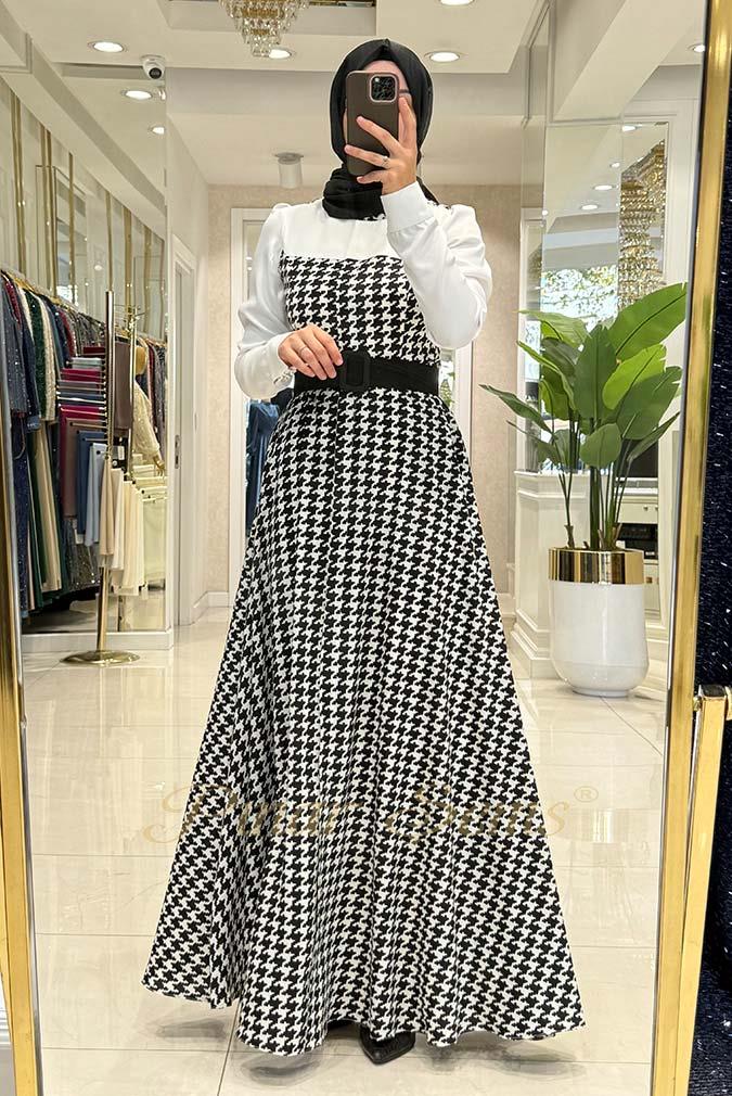 Pınar Şems Kazayağı Zirve Elbise SİYAH - BEYAZ