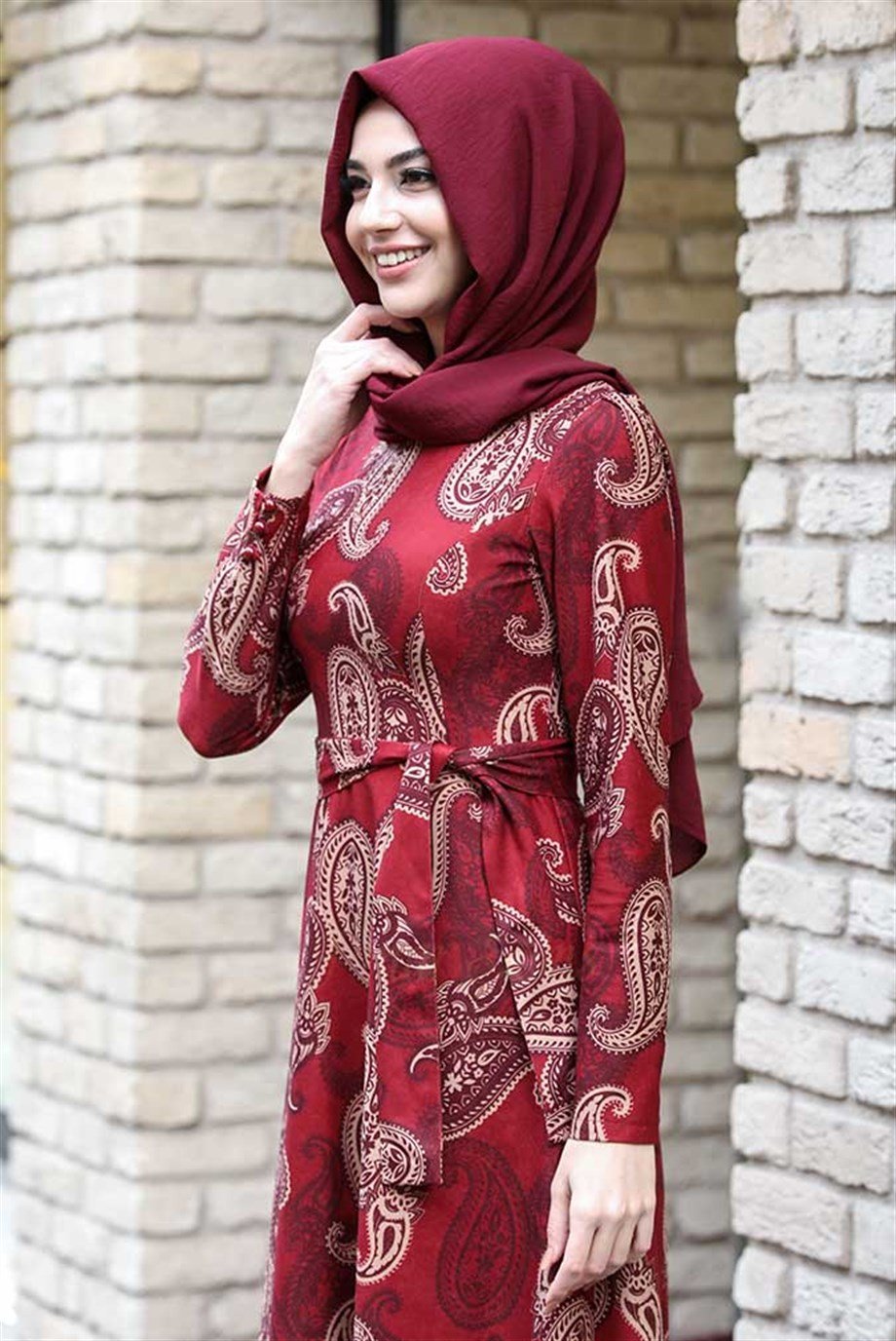 Pınar Şems Kışlık Etnik Elbise Bordo