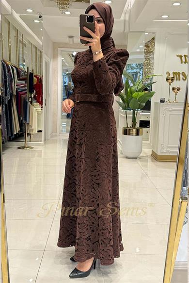 Pınar Şems Dantel Elbise Kahverengi