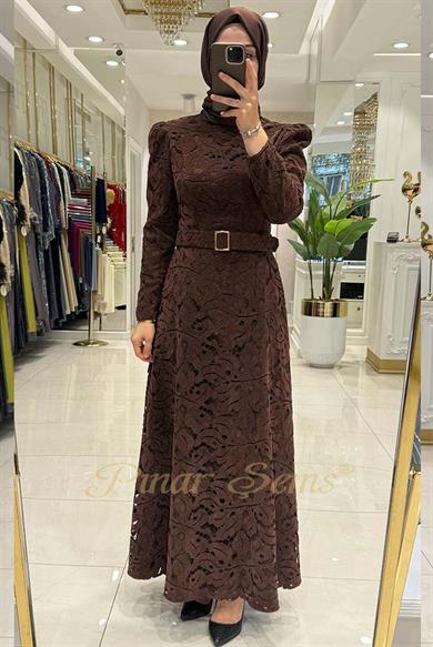 Pınar Şems Dantel Elbise Kahverengi