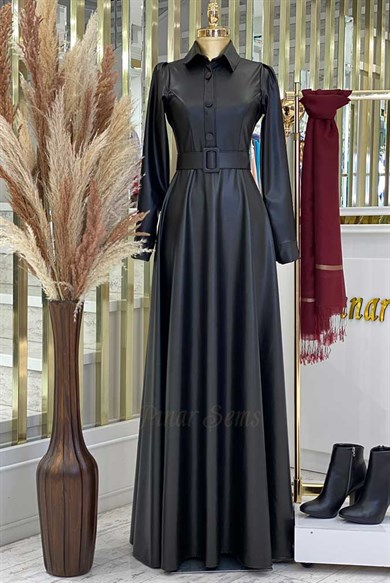 Pınar Şems Deri Elbise Siyah