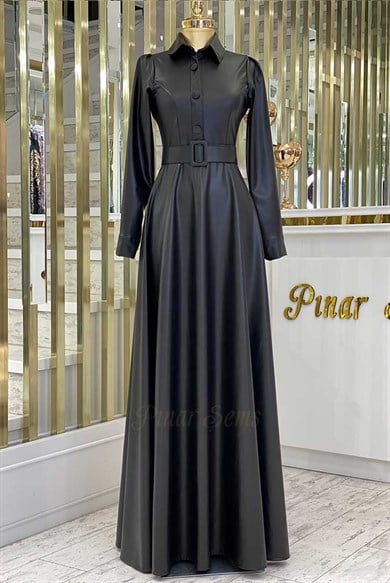 Pınar Şems Deri Elbise Siyah