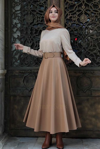 Pınar Şems Deri Verev Etek Krem