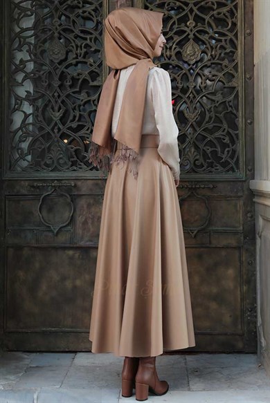 Pınar Şems Deri Verev Etek Krem