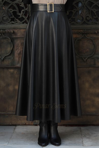 Pınar Şems Deri Verev Etek Siyah