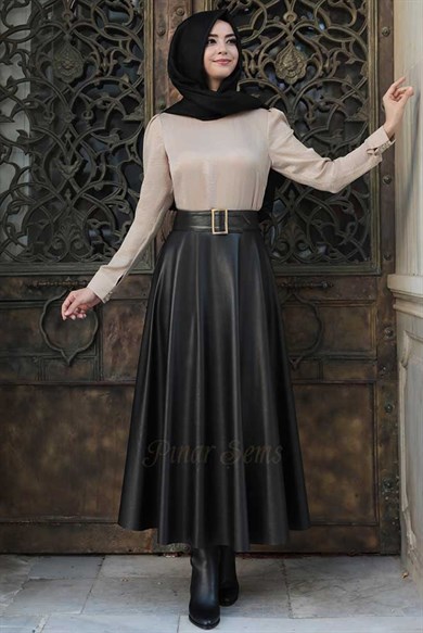 Pınar Şems Deri Verev Etek Siyah