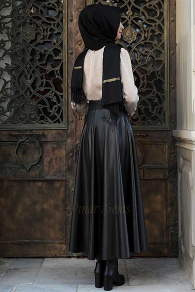 Pınar Şems Deri Verev Etek Siyah