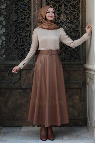 Pınar Şems Deri Verev Etek Taba