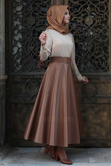 Pınar Şems Deri Verev Etek Taba