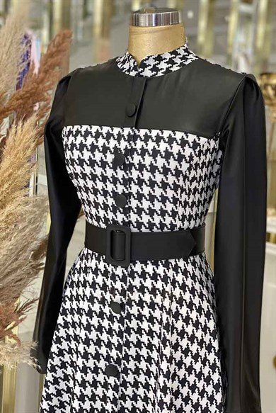 Pınar Şems Derili Kazayağı Elbise Siyah