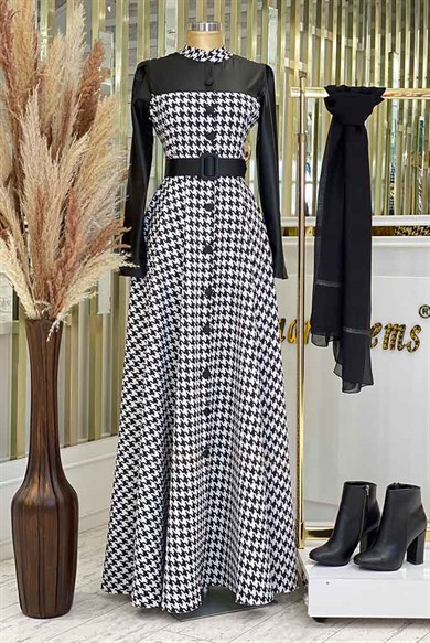 Pınar Şems Derili Kazayağı Elbise Siyah